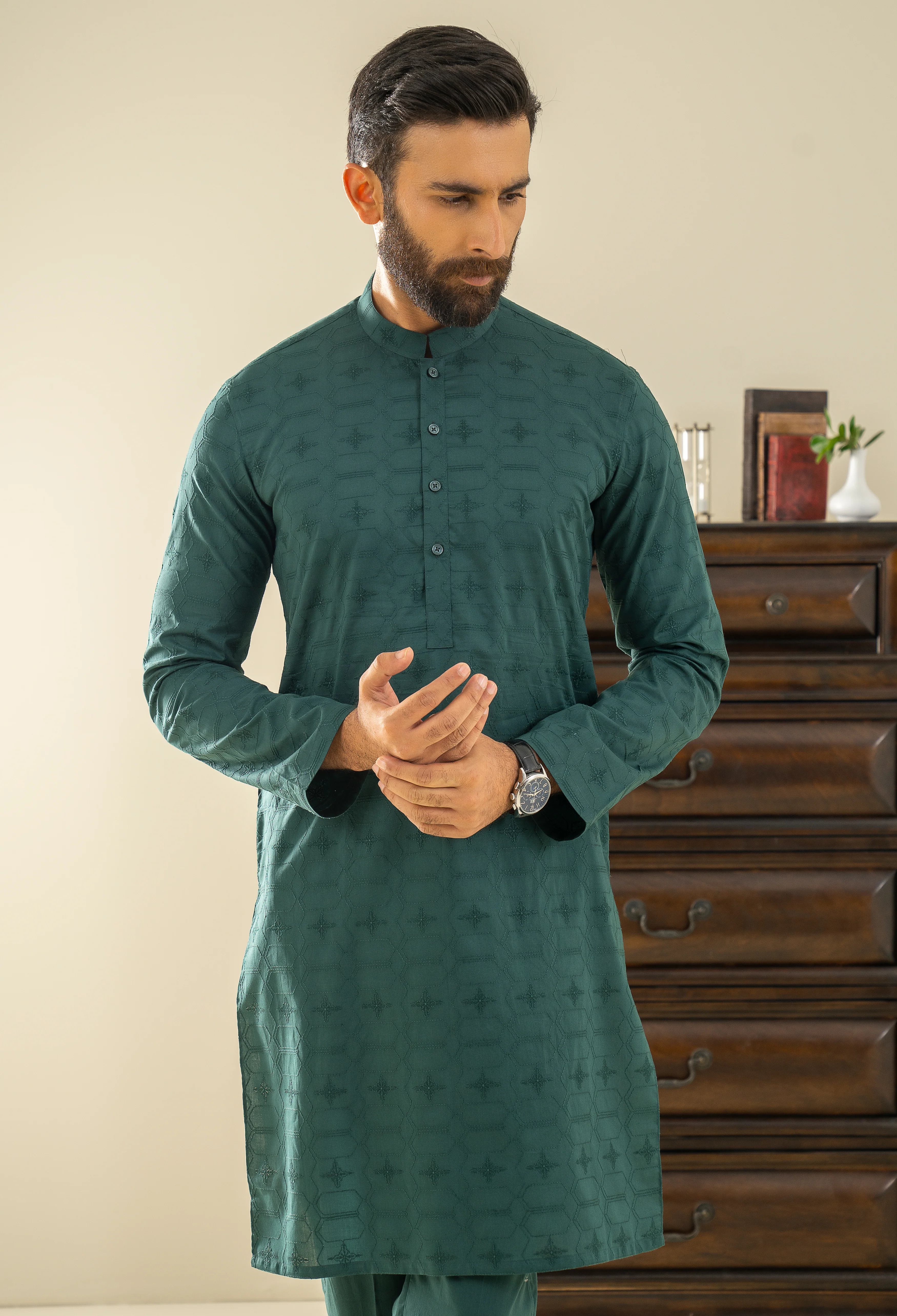 Arabian Green Embroidered Cotton Kurta Pajama - Image 3