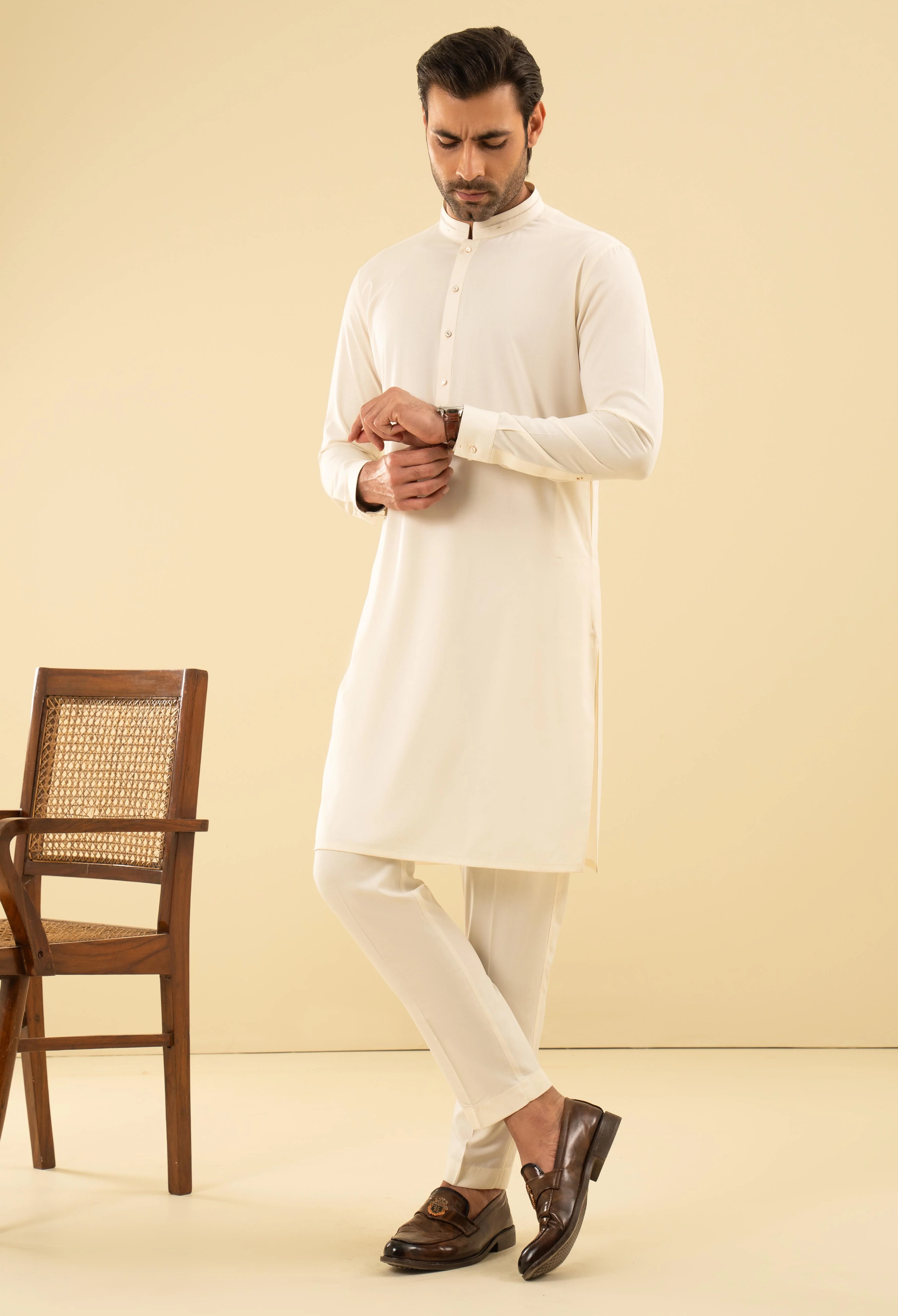 Butter Milk Detailing Kurta Pajama - Image 4