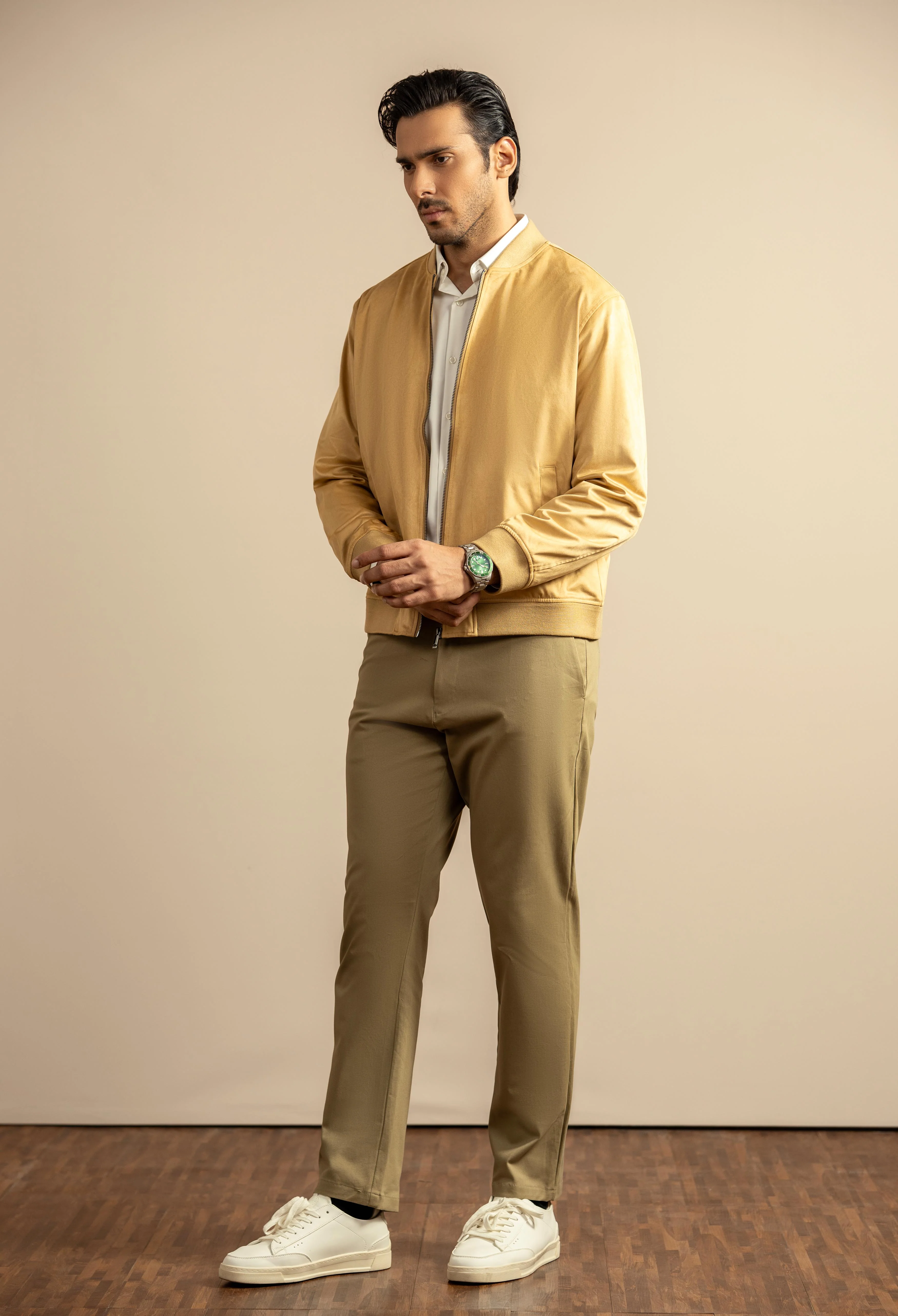 Camel Brown Suede Bomber Jacket - Image 4