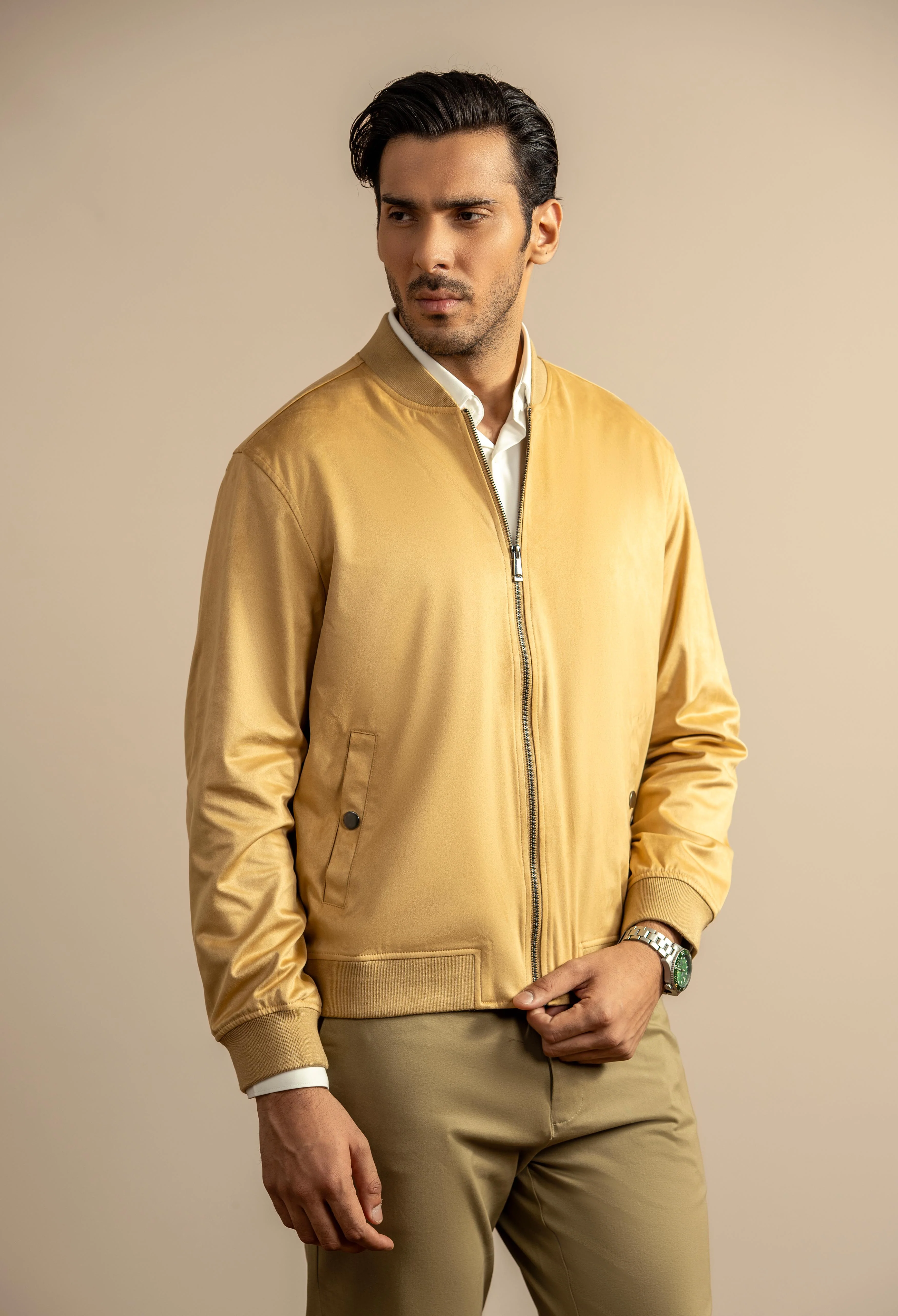 Camel Brown Suede Bomber Jacket - Image 5