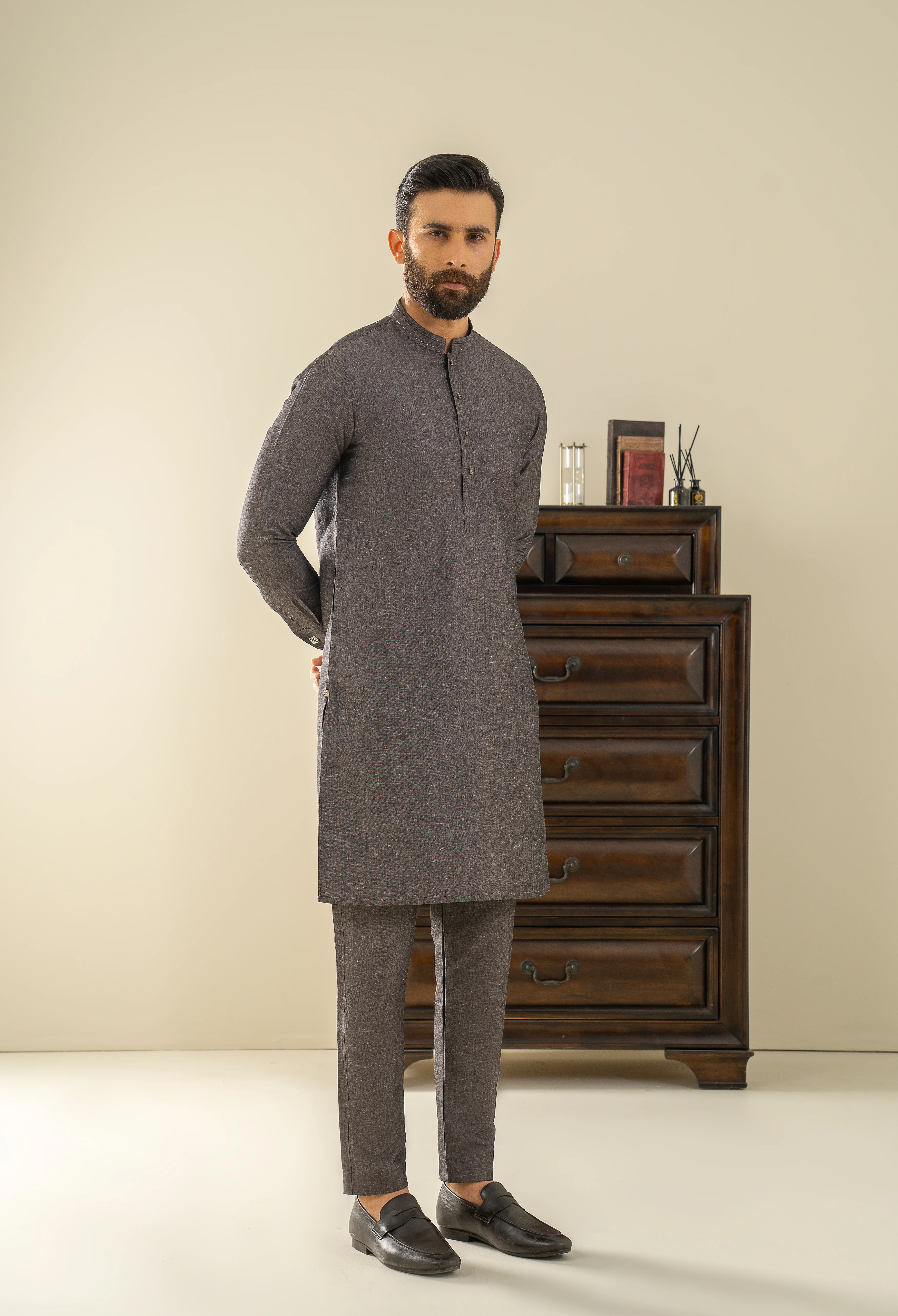 Choco Brown Detailing Kurta Pajama - Image 2
