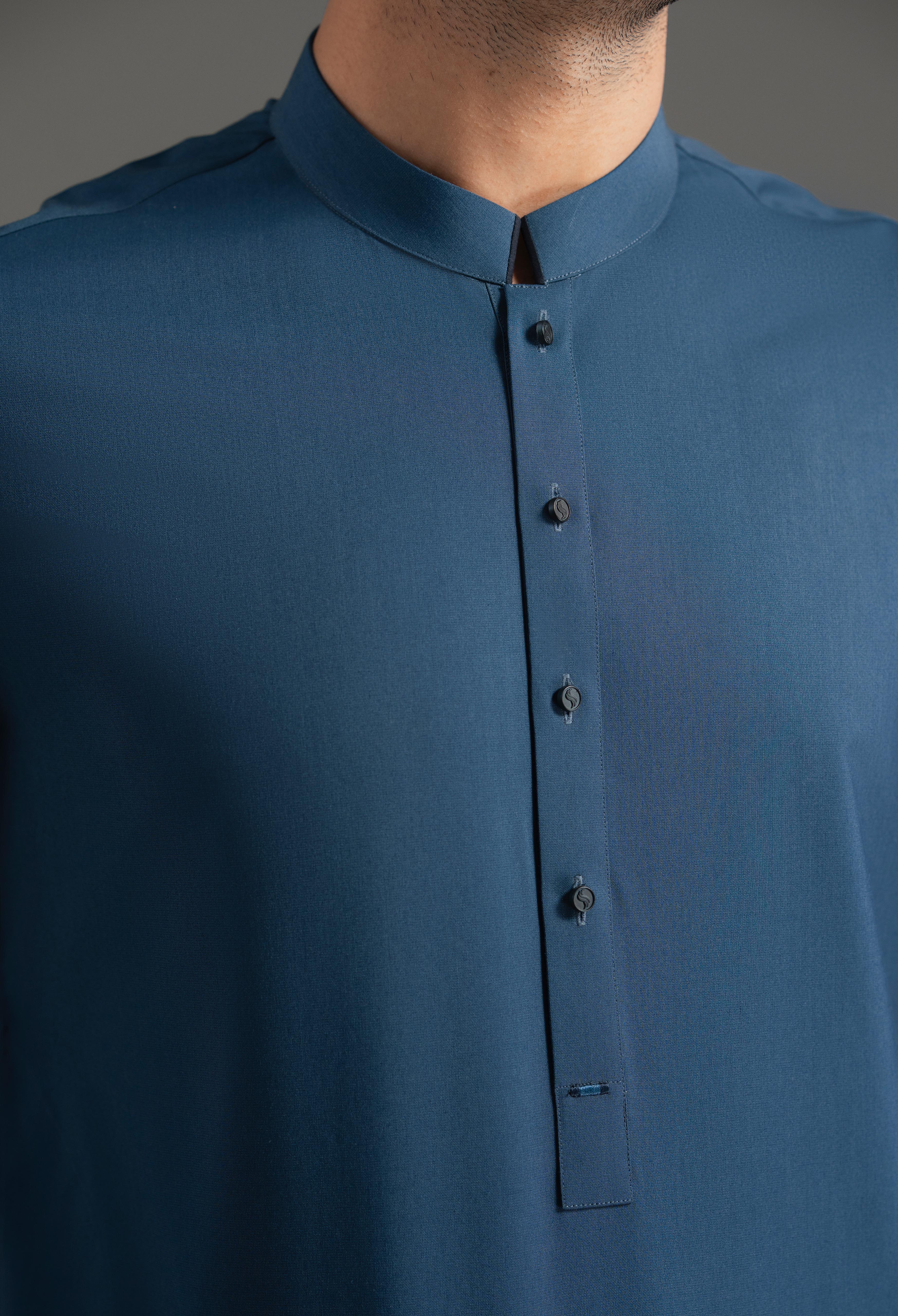 Cobalt Blue Blended Kameez Shalwar - Image 3