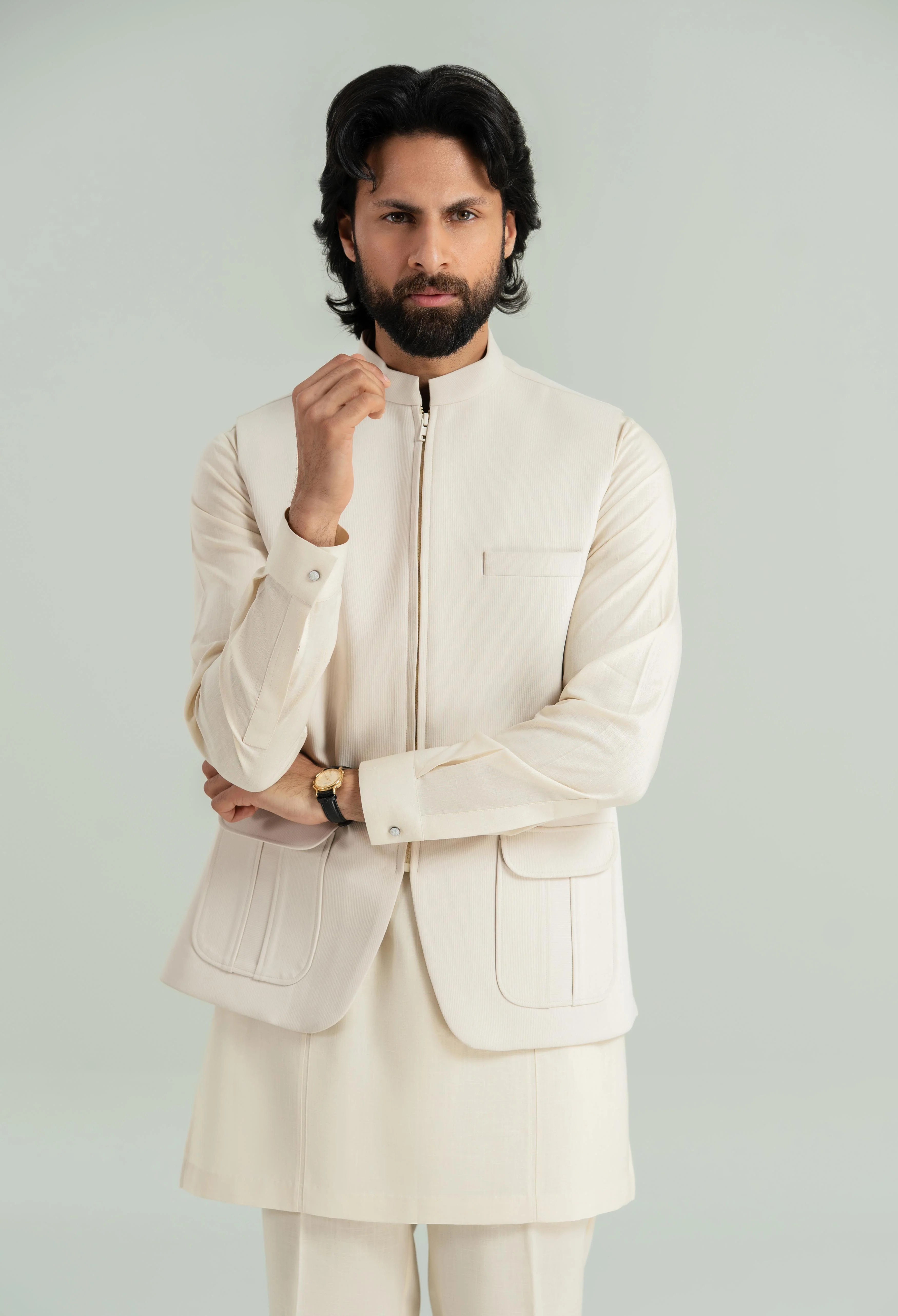 Creamy Beige Corduroy Waistcoat - Image 4