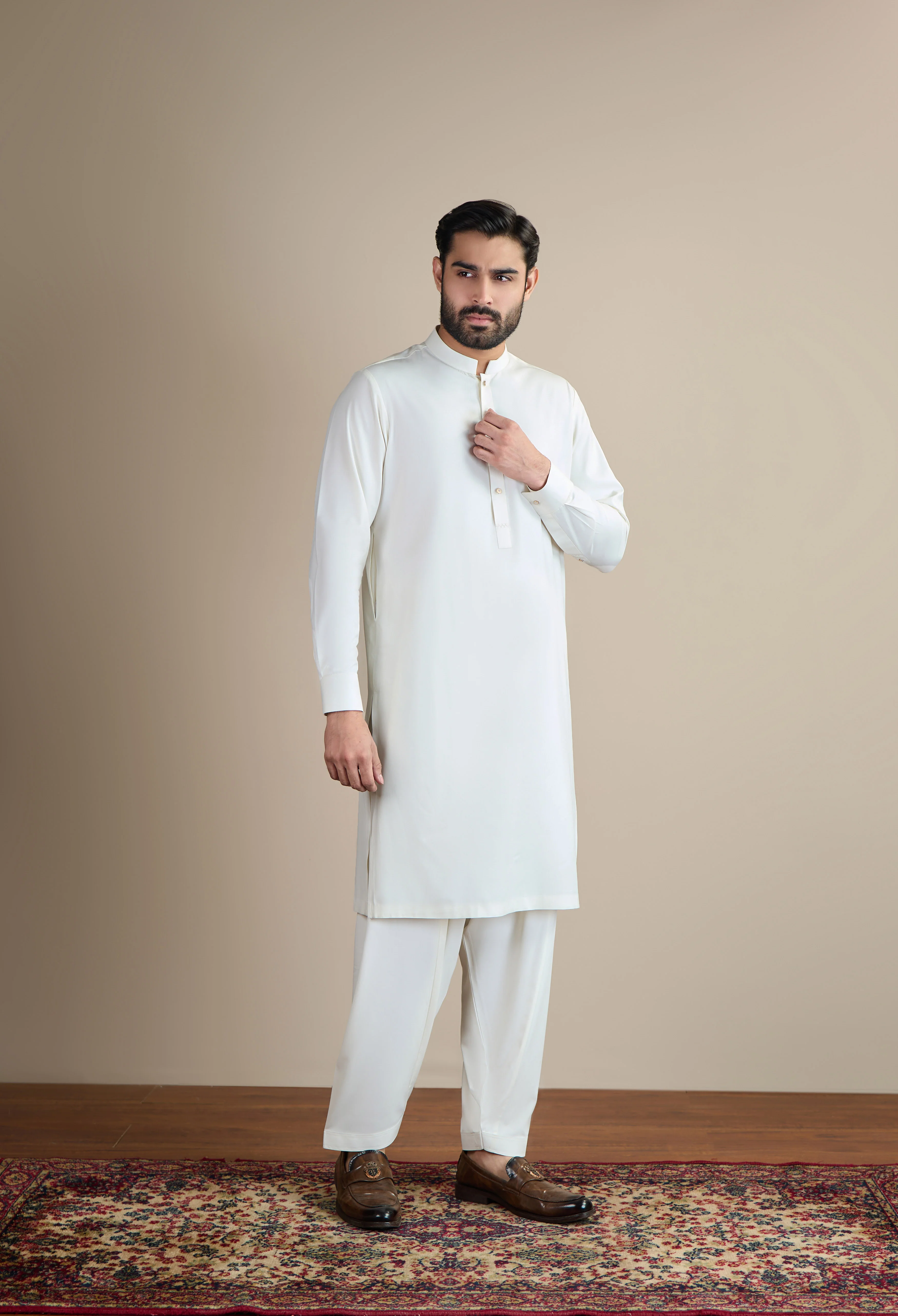 Creamy White Blended Kameez Shalwar - Image 2