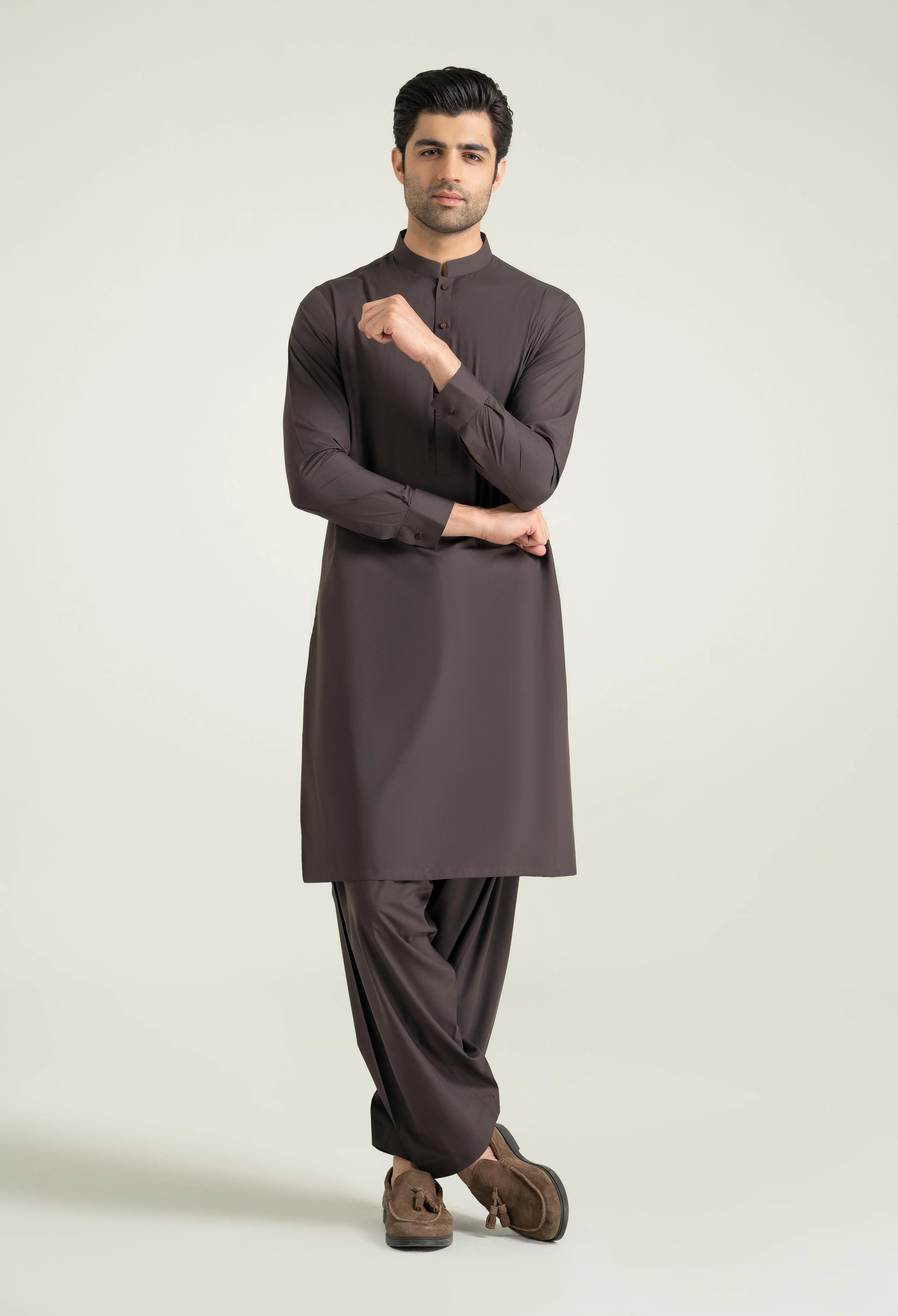 Dark Brown Blended Kameez Shalwar - Image 4