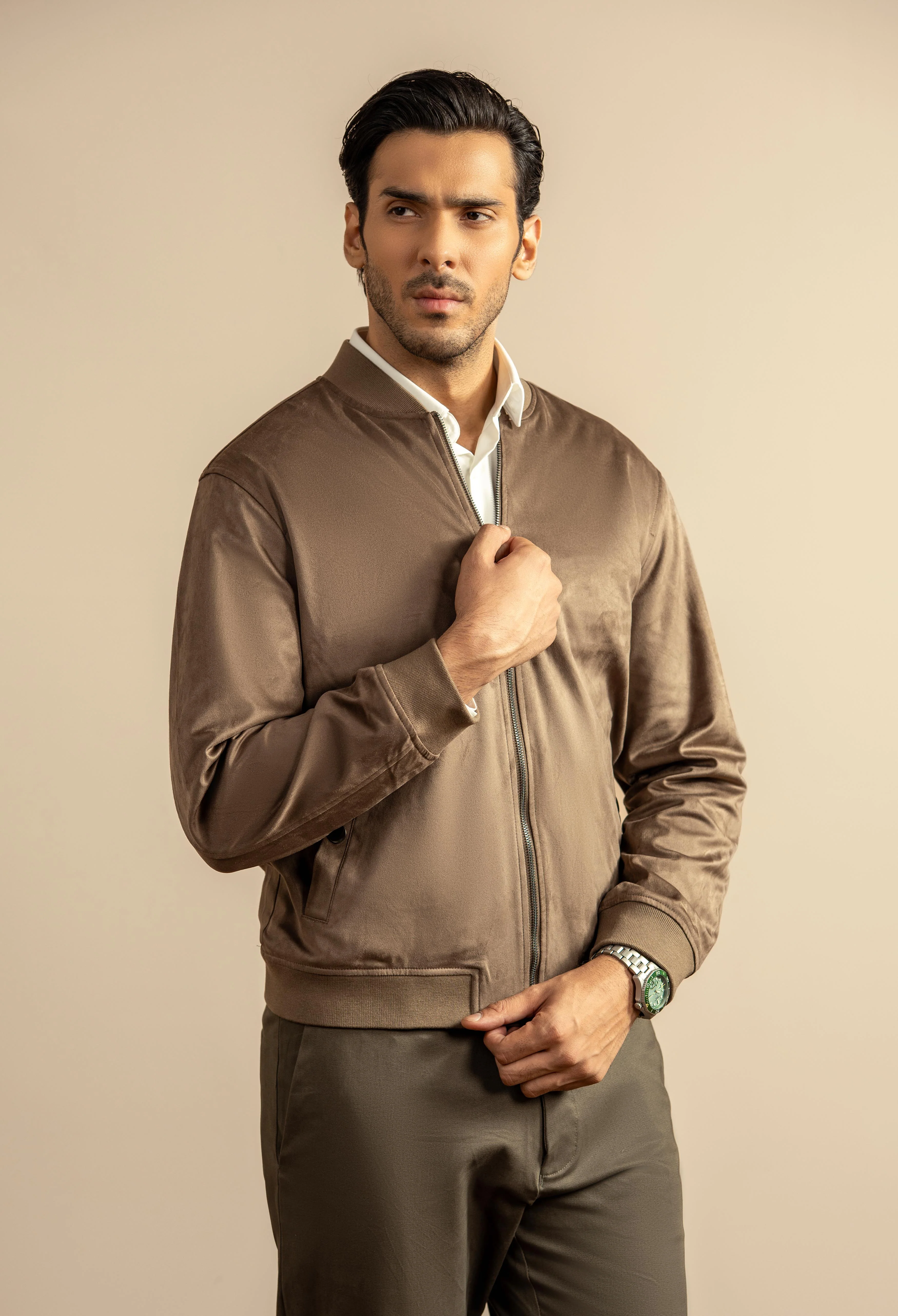 Dark Chocolate Brown Suede Bomber Jacket - Image 4