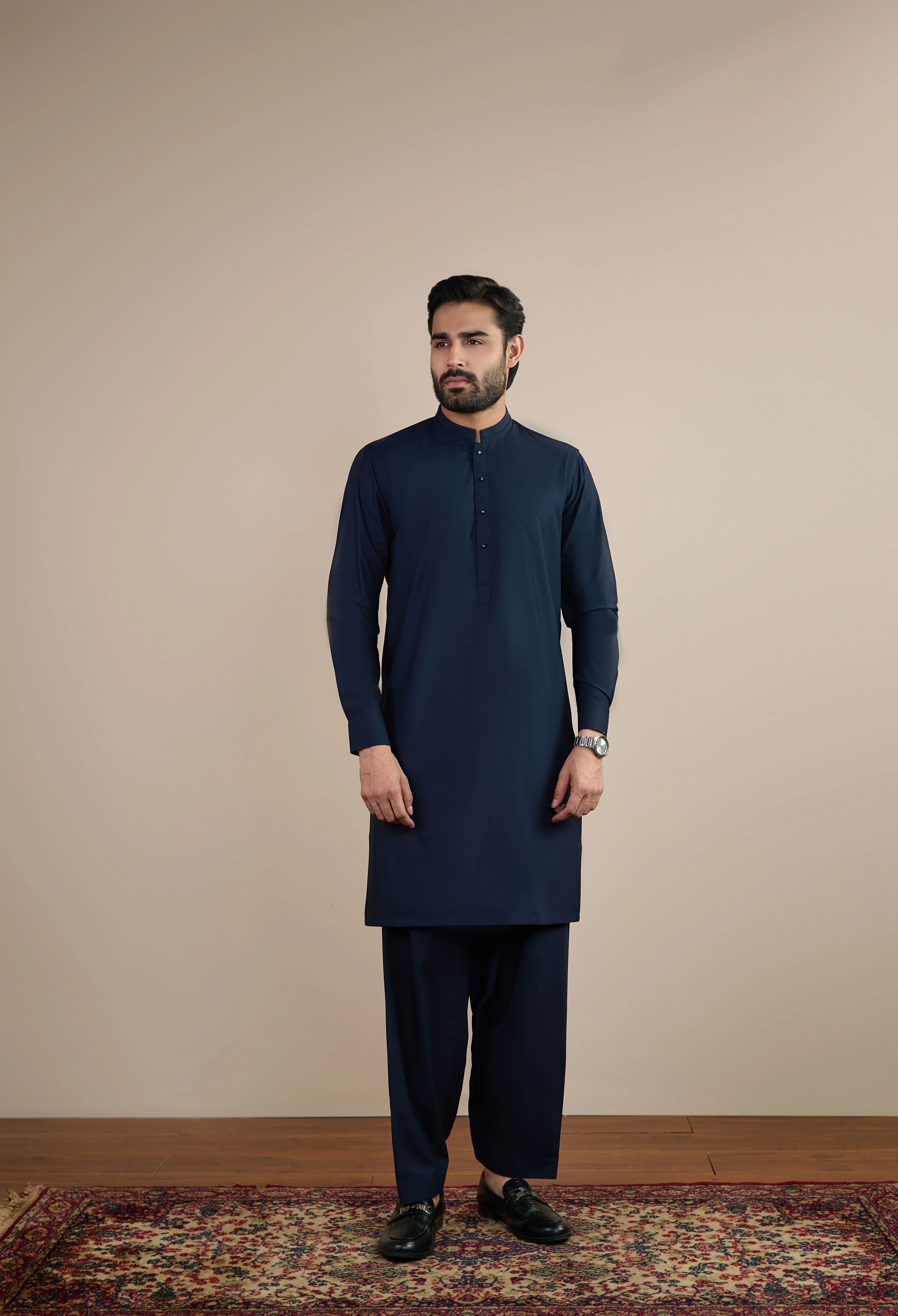 Dark Navy Blue Blended Kameez Shalwar - Image 4