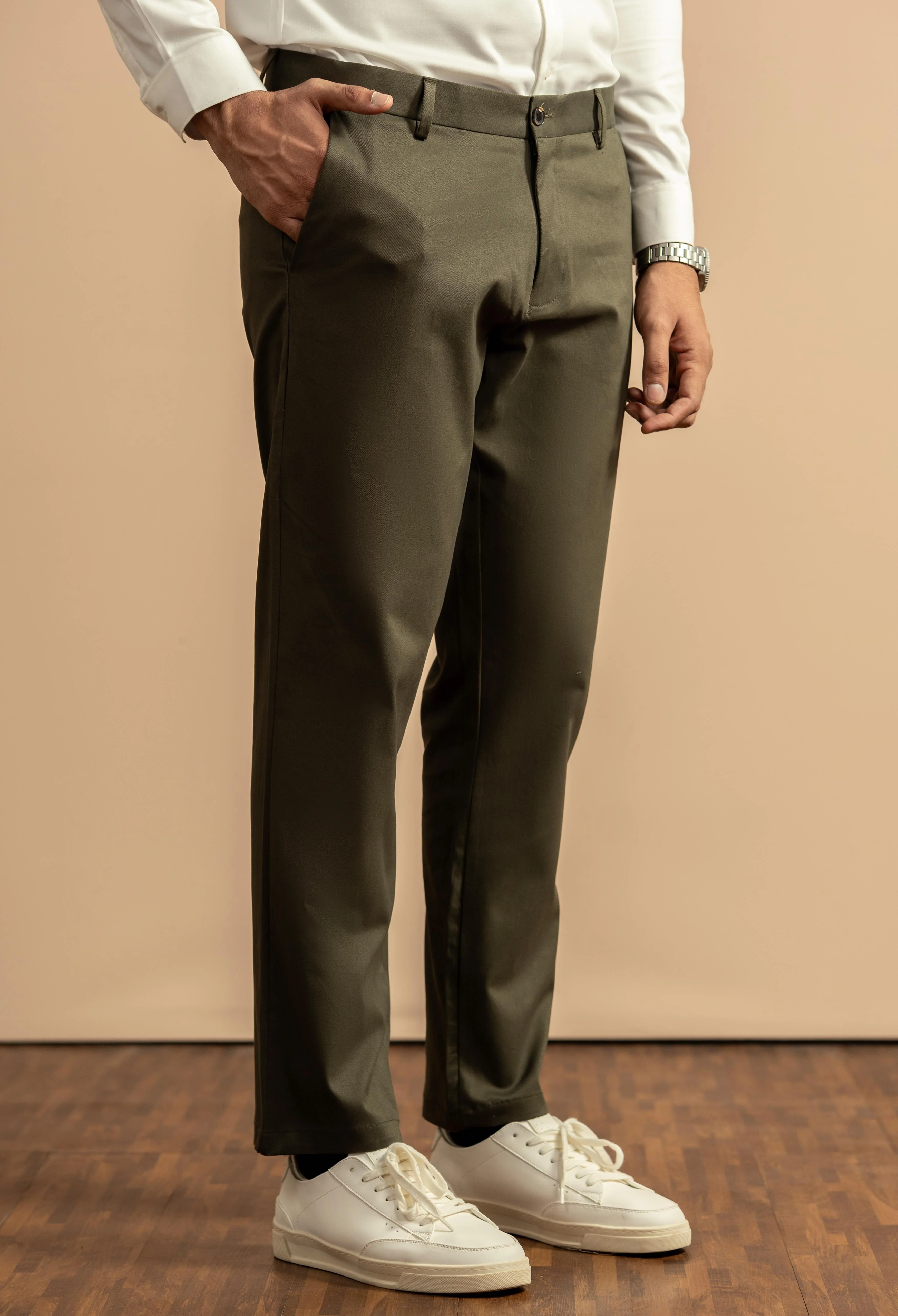 Dark Olive Cotton Trouser - Image 2