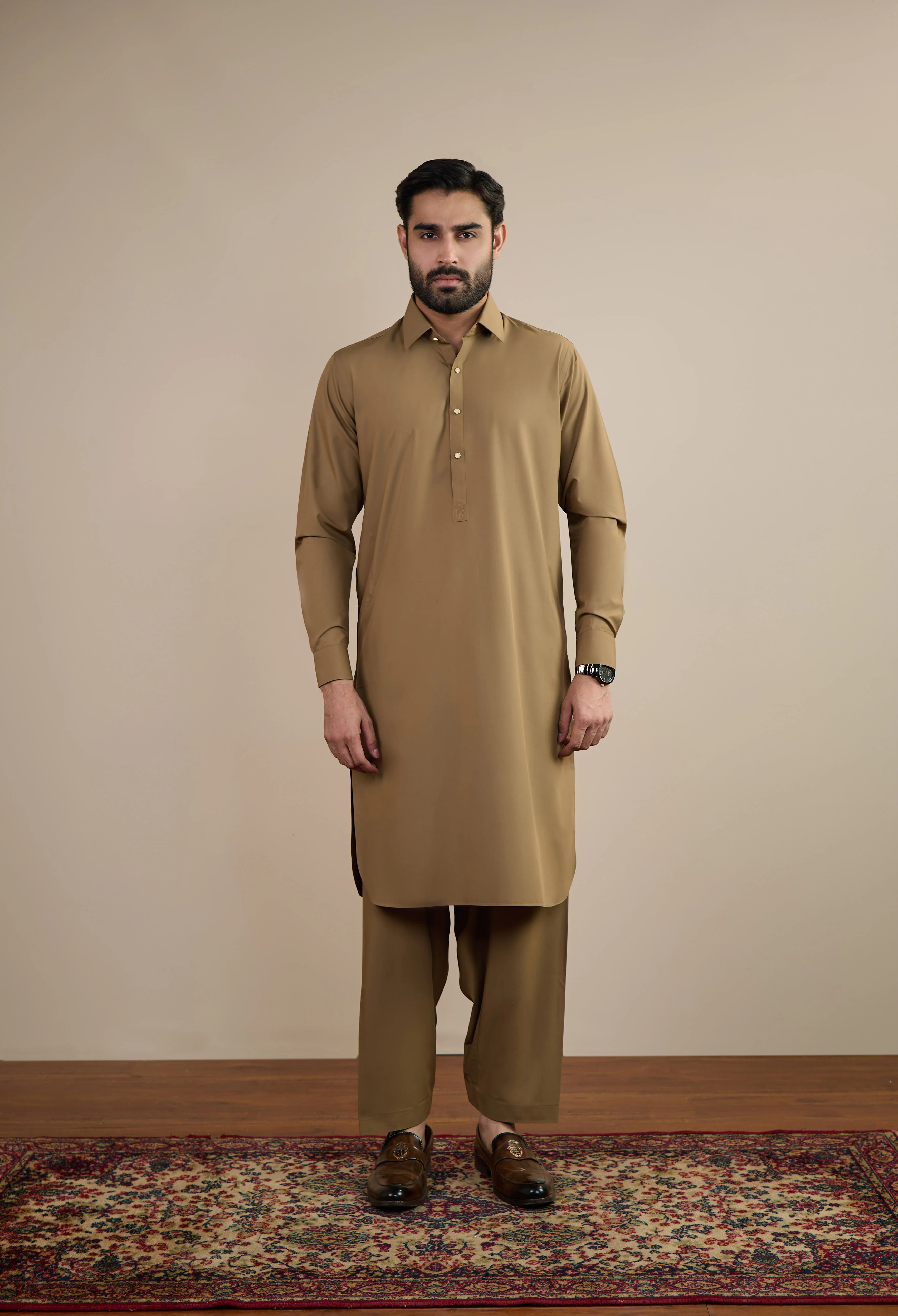 Khaki Brown Detailing Kameez Shalwar - Image 4