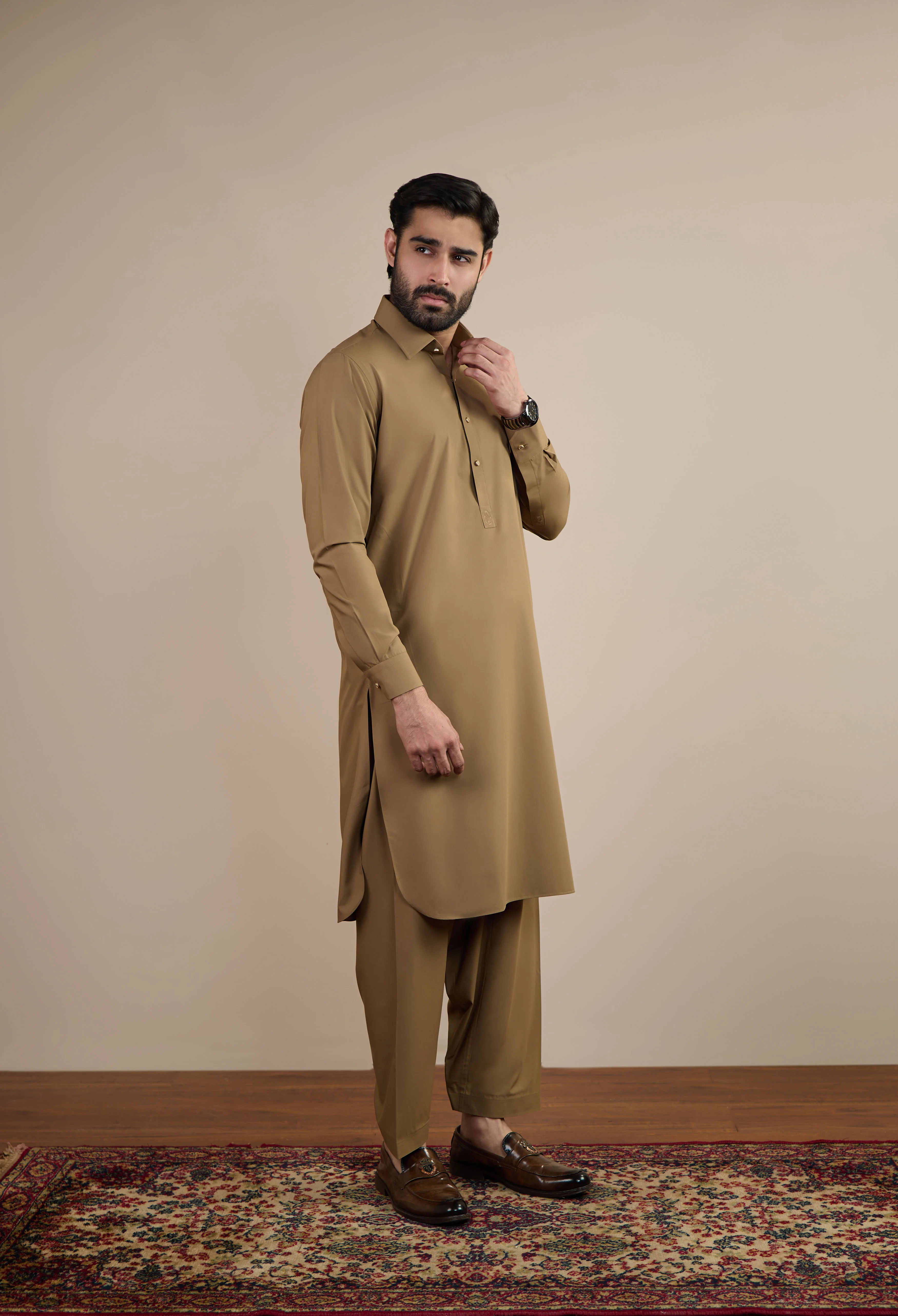 Khaki Brown Detailing Kameez Shalwar - Image 6