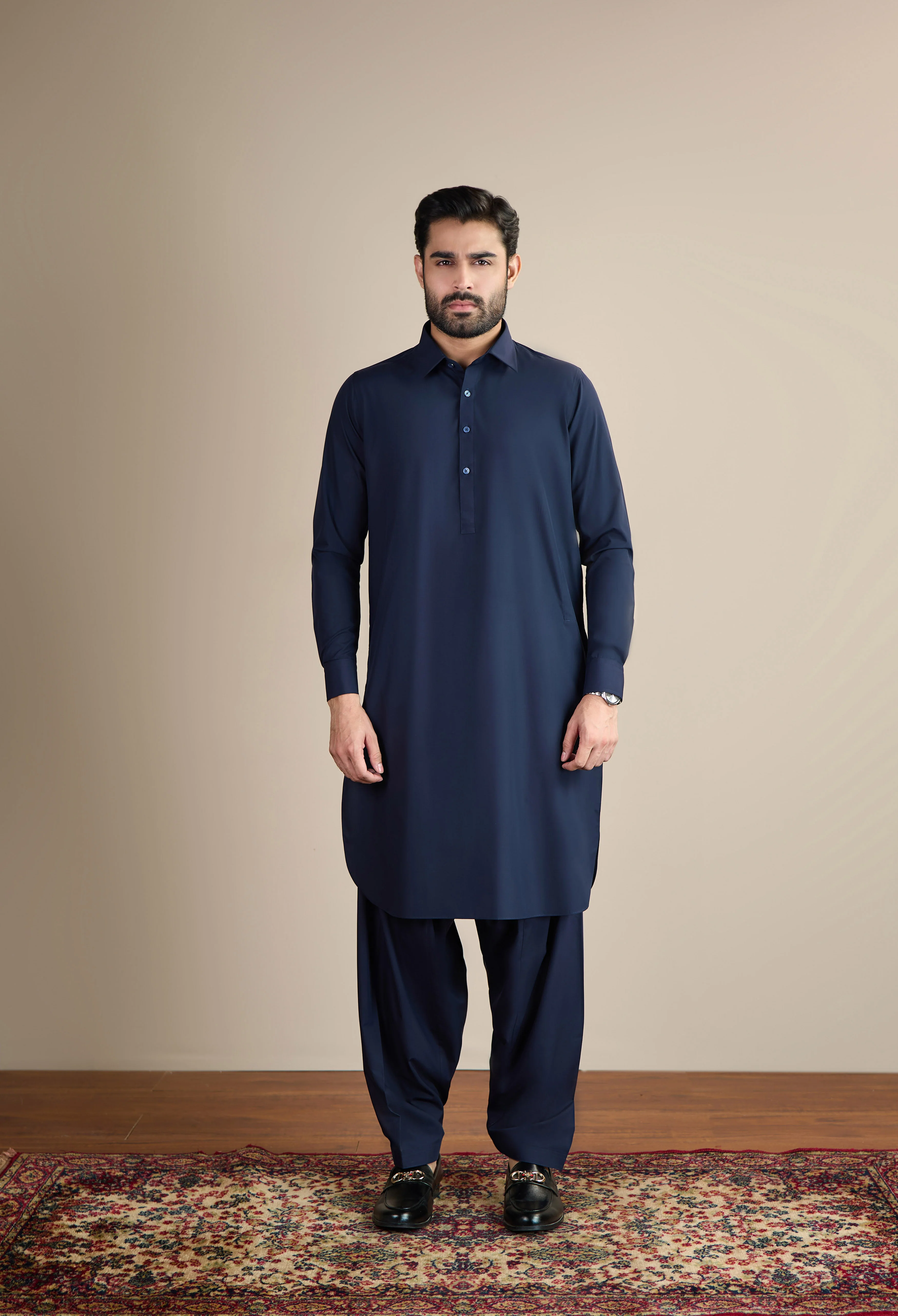 Midnight Blue Blended Kameez Shalwar - Image 4