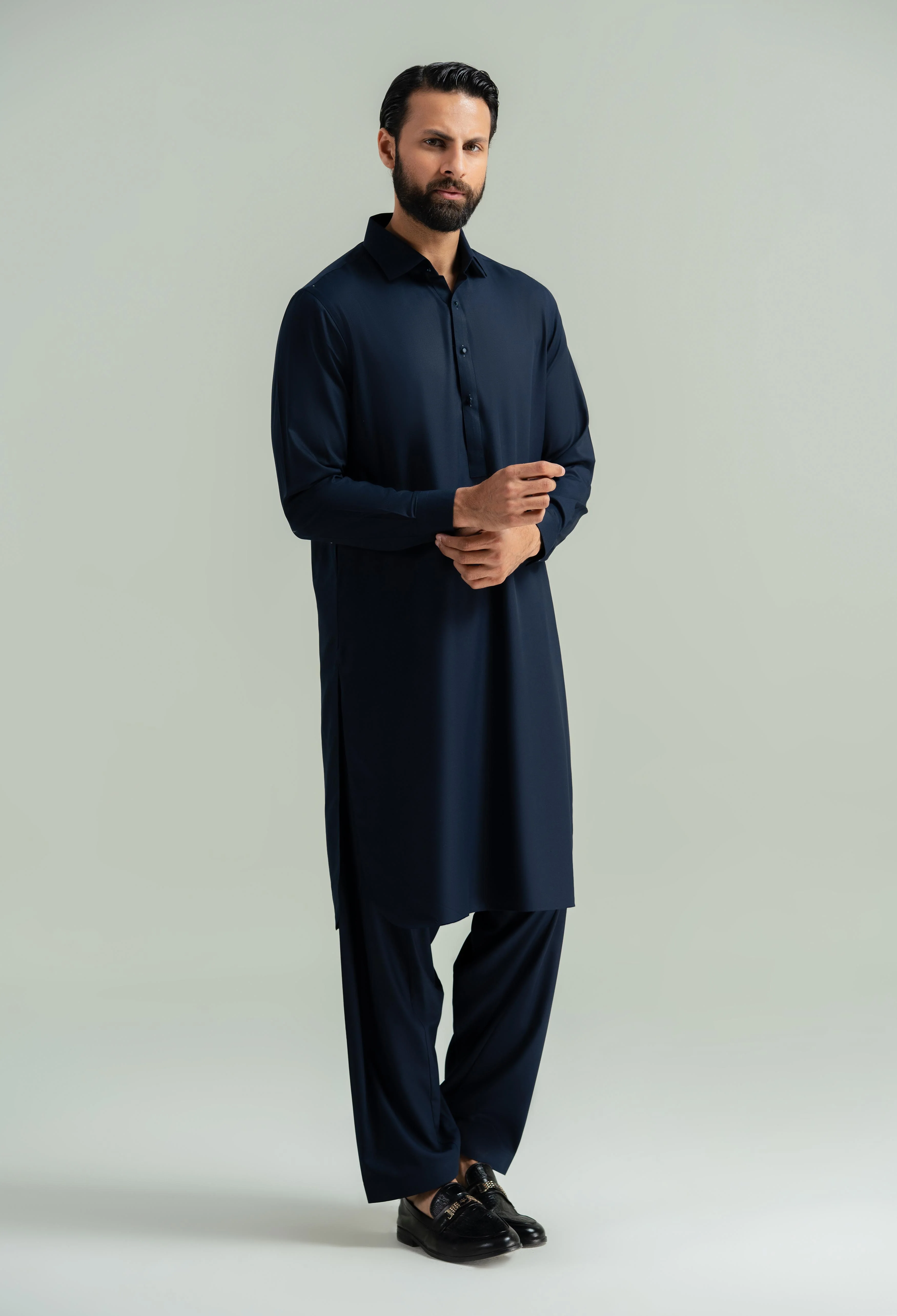 Navy Blue Blended Kameez Shalwar - Image 7