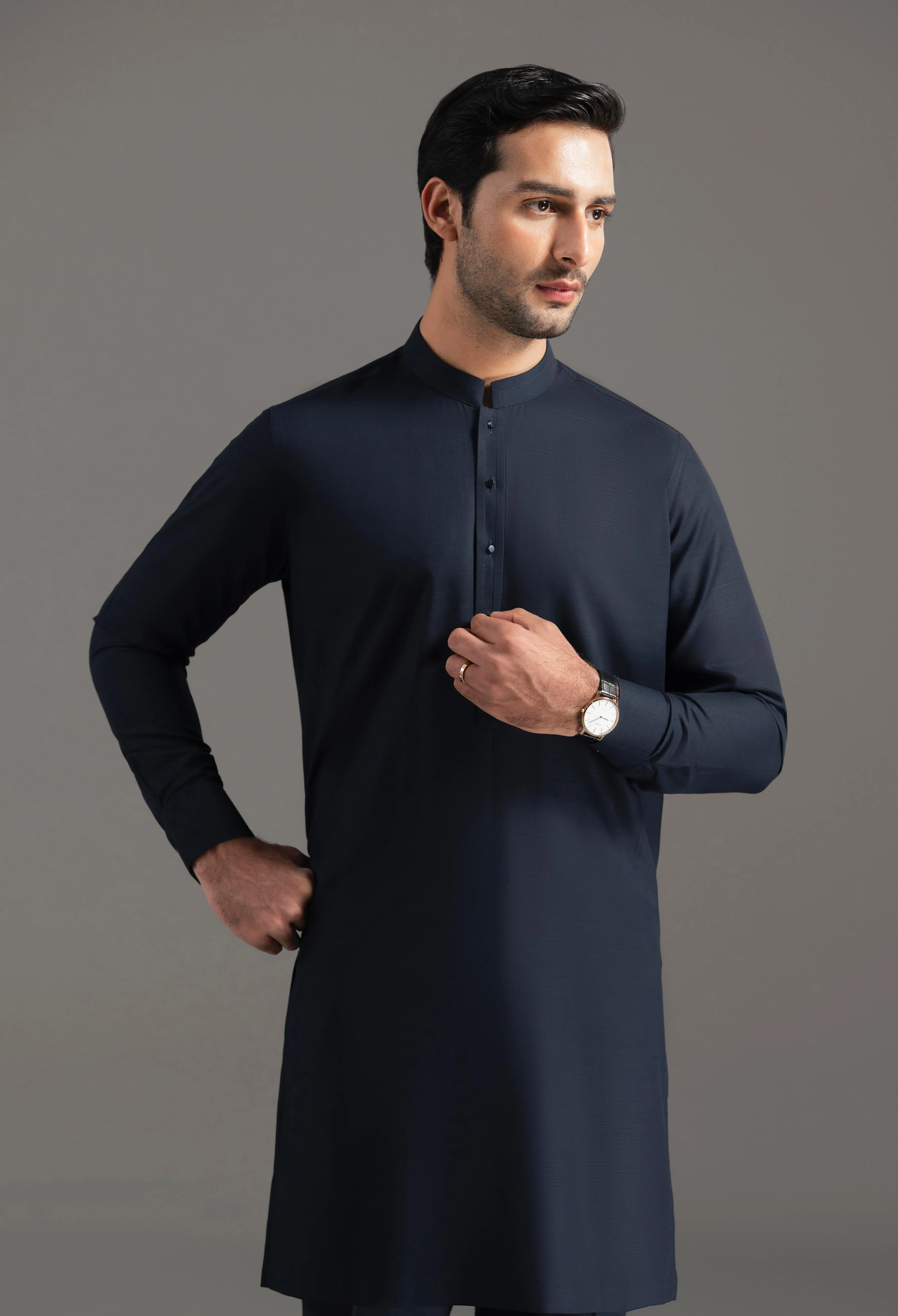 Navy Blue Blended Kurta Pajama - Image 3