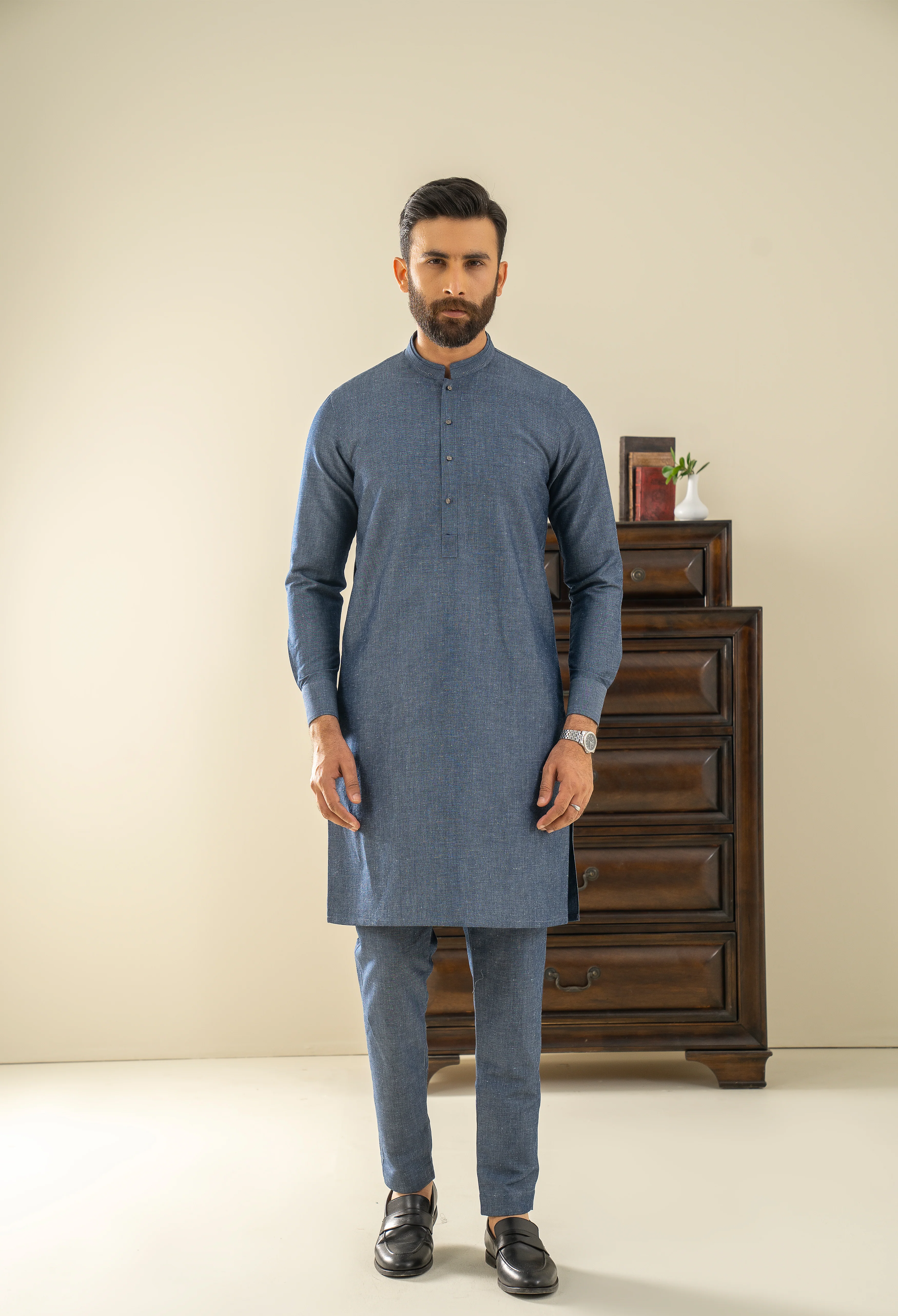 Navy Blue Detailing Kurta Pajama - Image 2