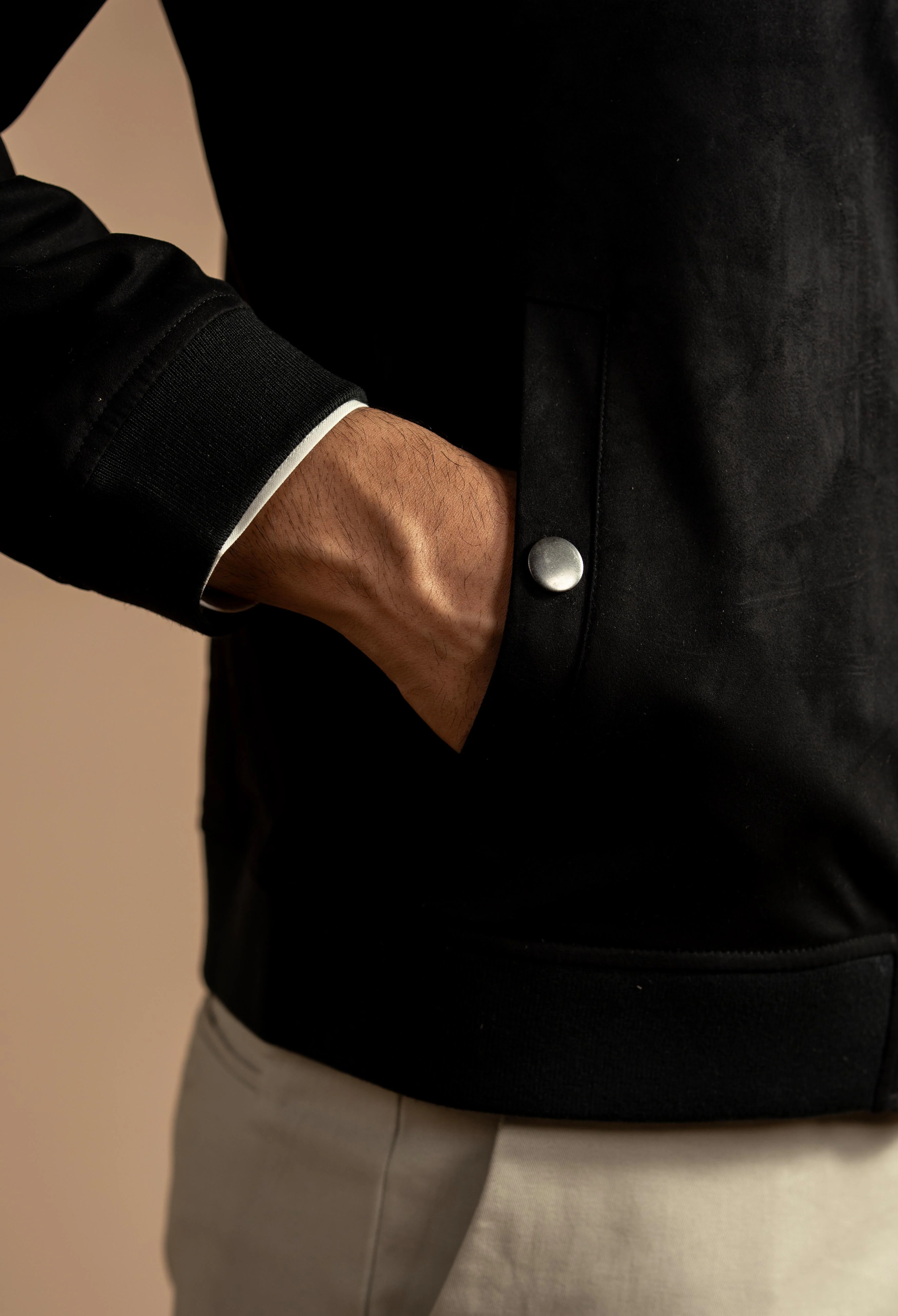 Night Black Suede Bomber Jacket - Image 3