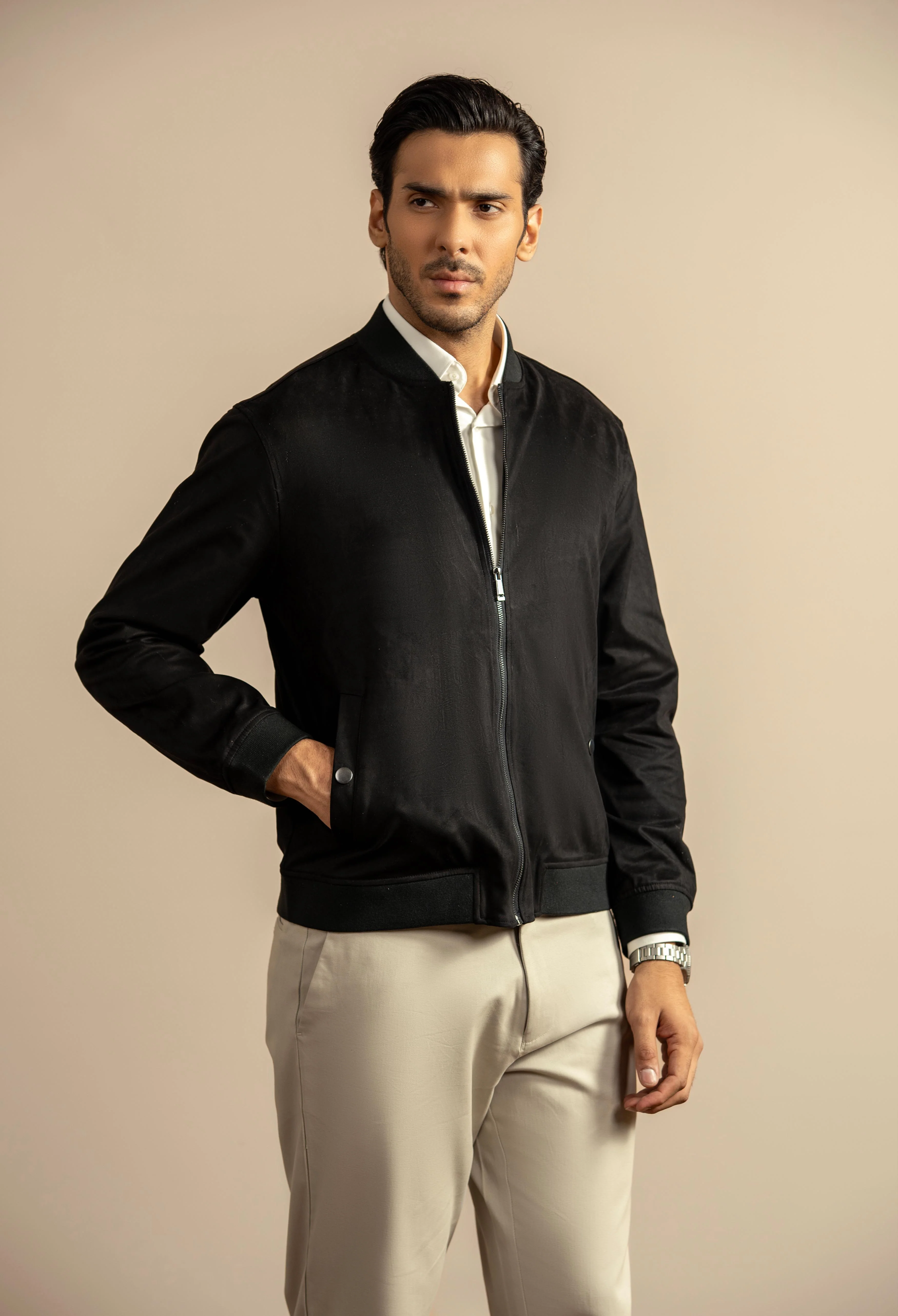 Night Black Suede Bomber Jacket - Image 5