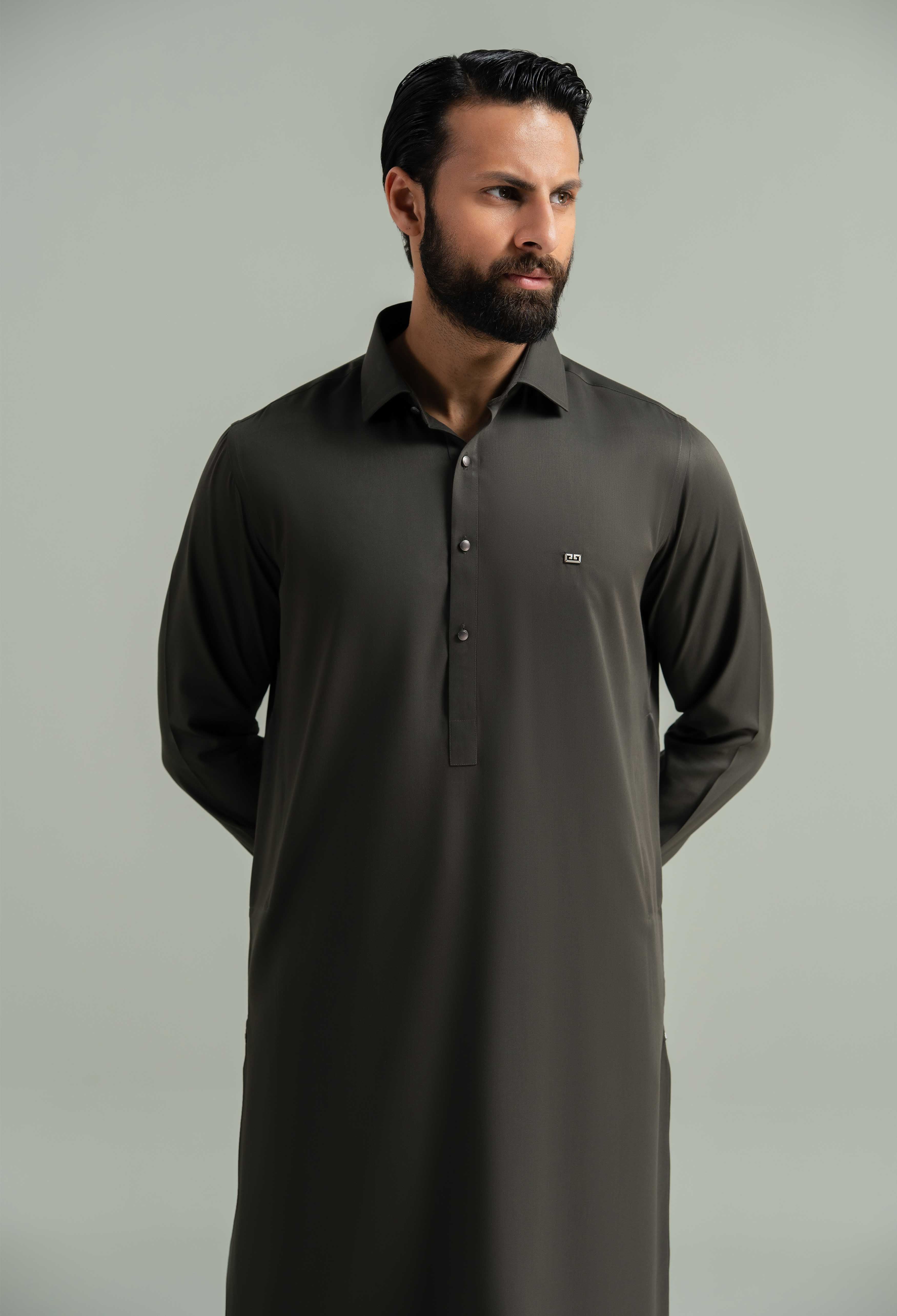 Olive Brown Blended Kameez Shalwar - Image 3