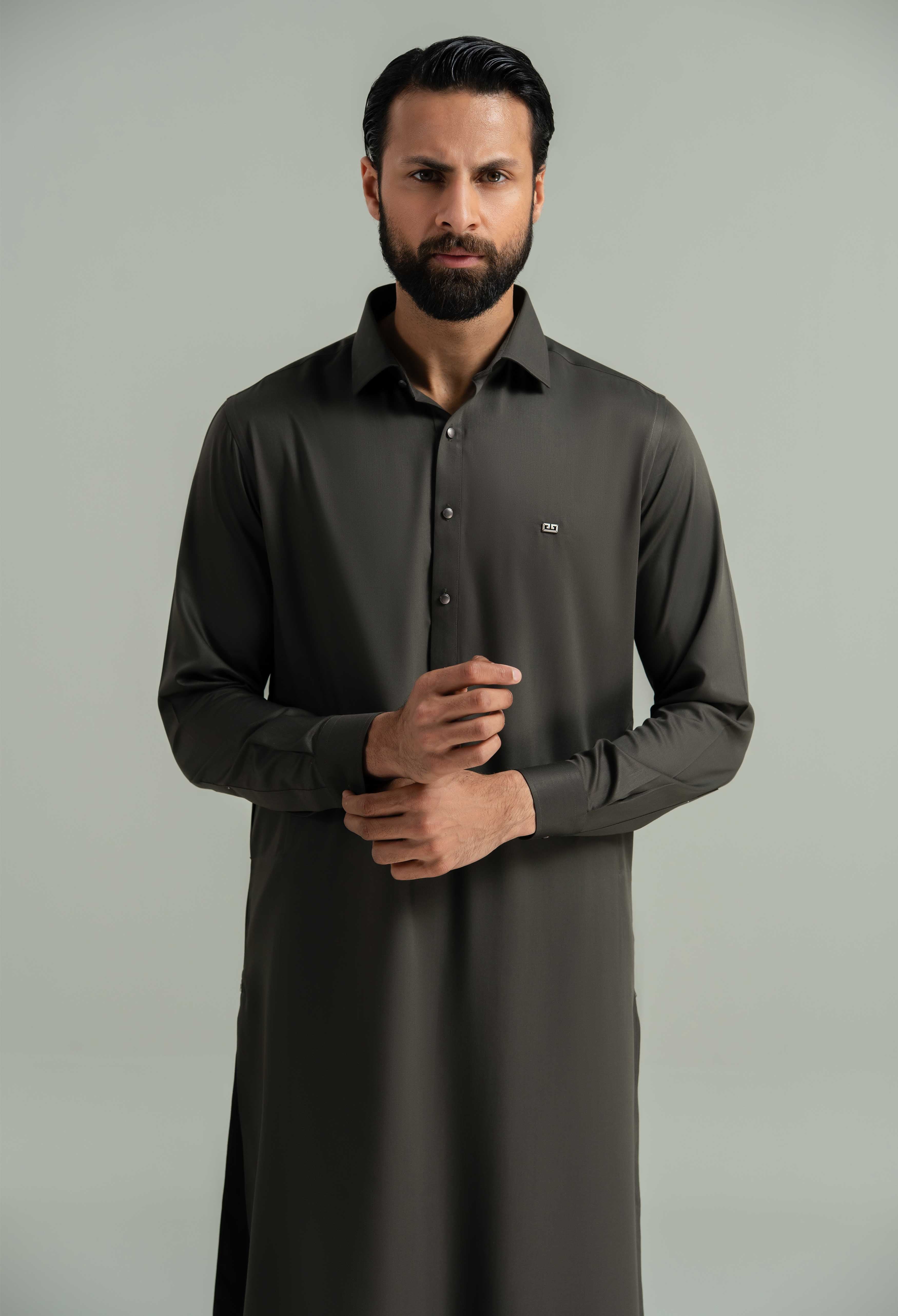 Olive Brown Blended Kameez Shalwar - Image 6