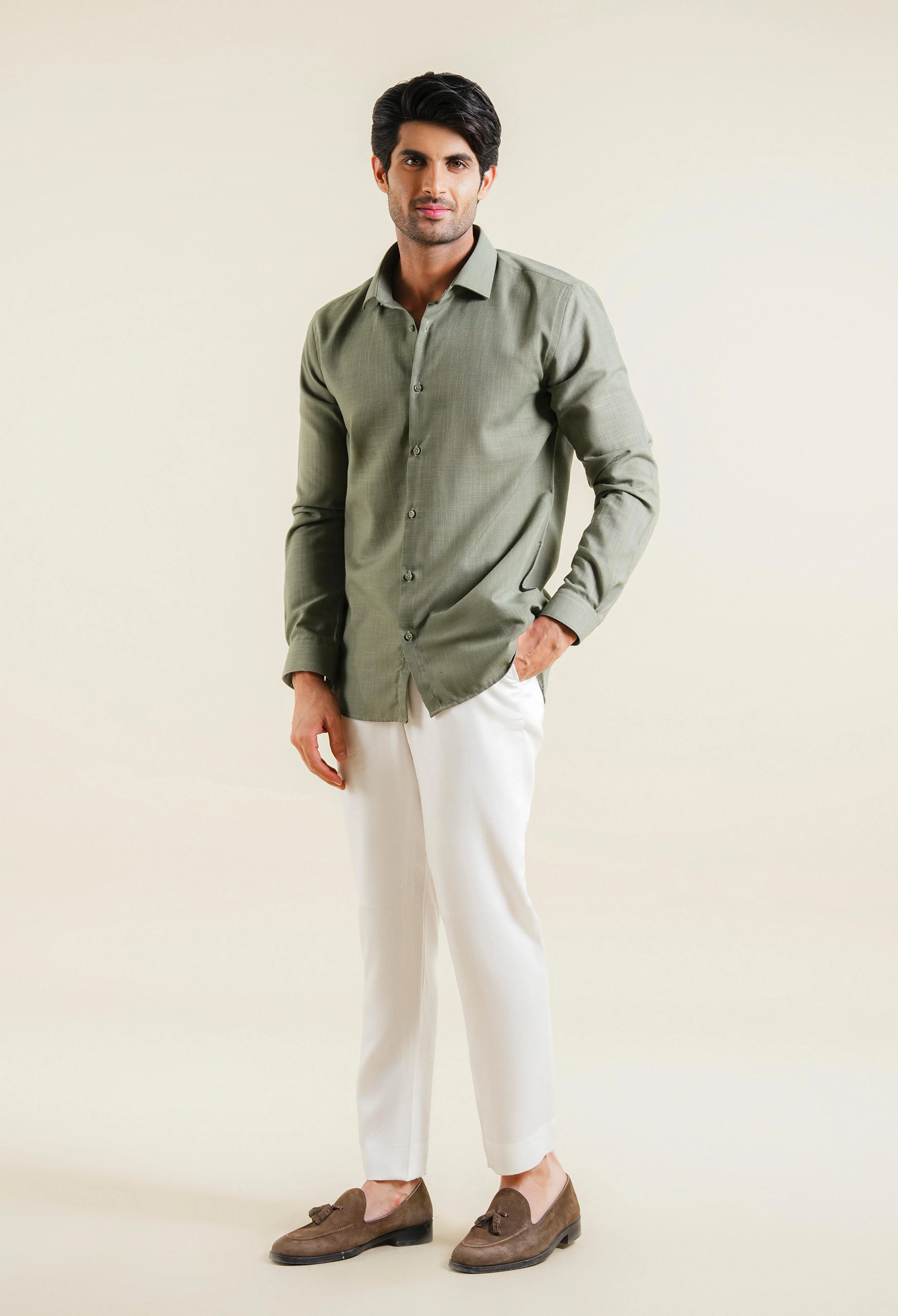 Olive Green Hawk Weave Poly Linen - Image 6