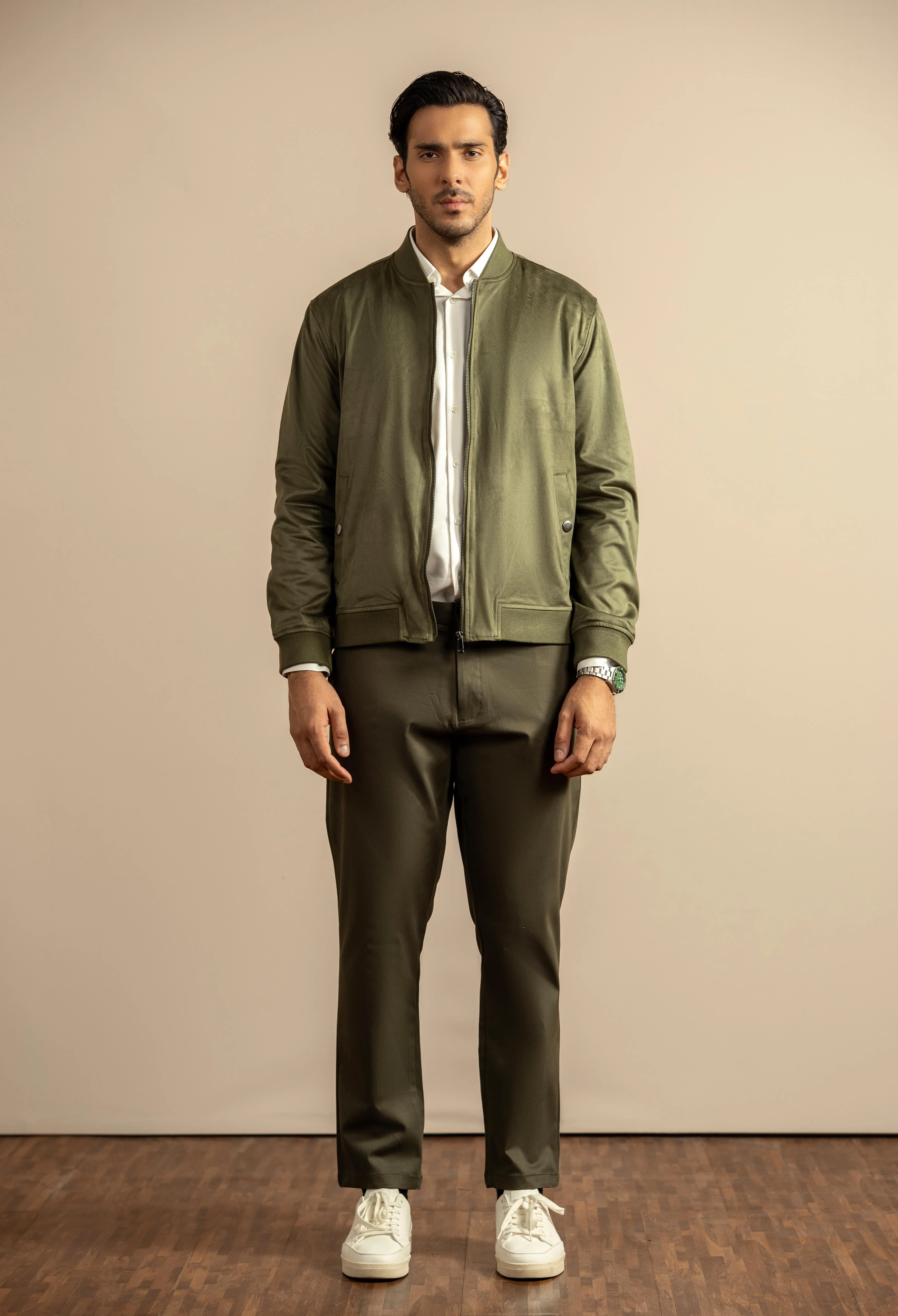 Olive Green Suede Bomber Jacket - Image 3