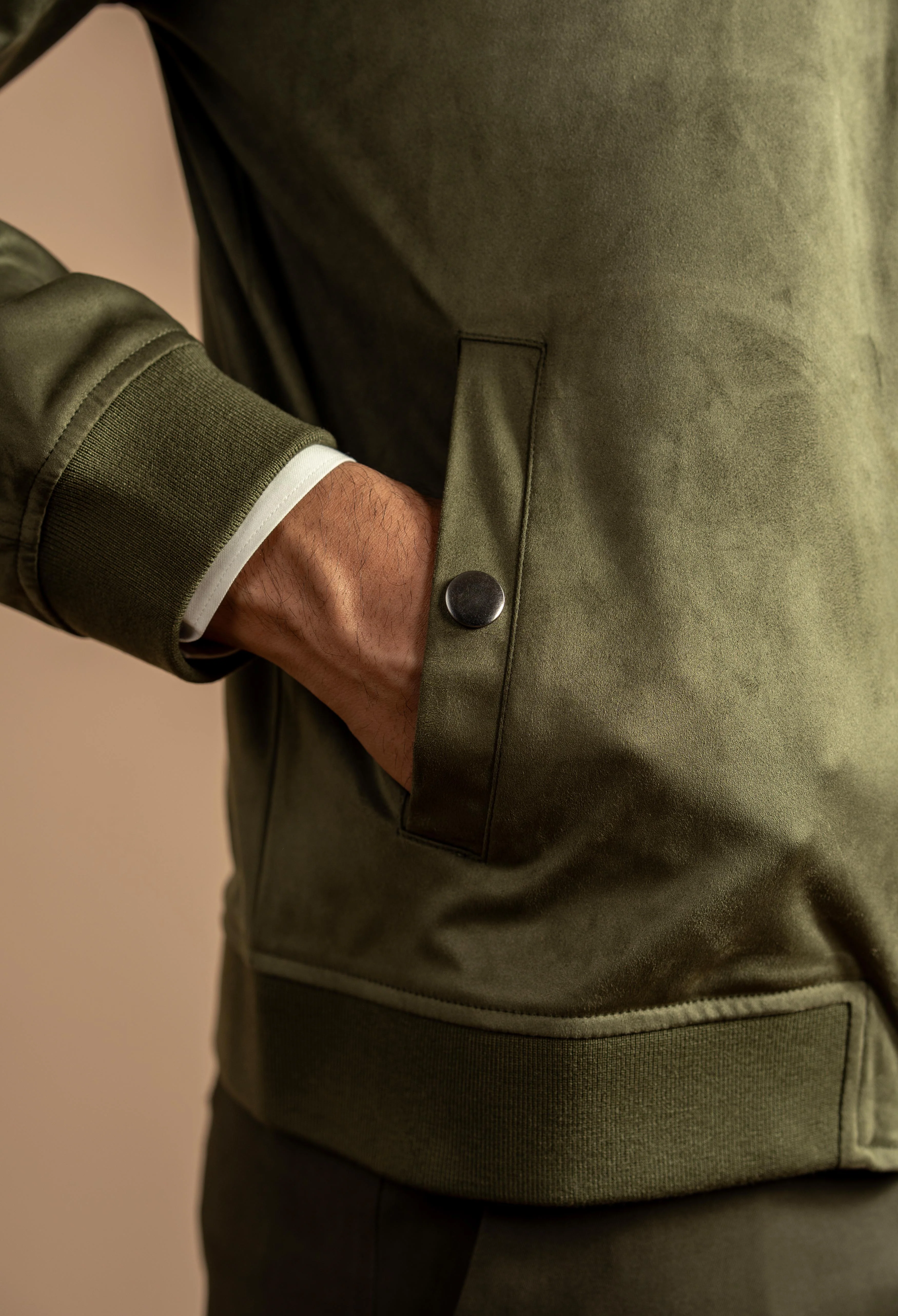 Olive Green Suede Bomber Jacket - Image 4