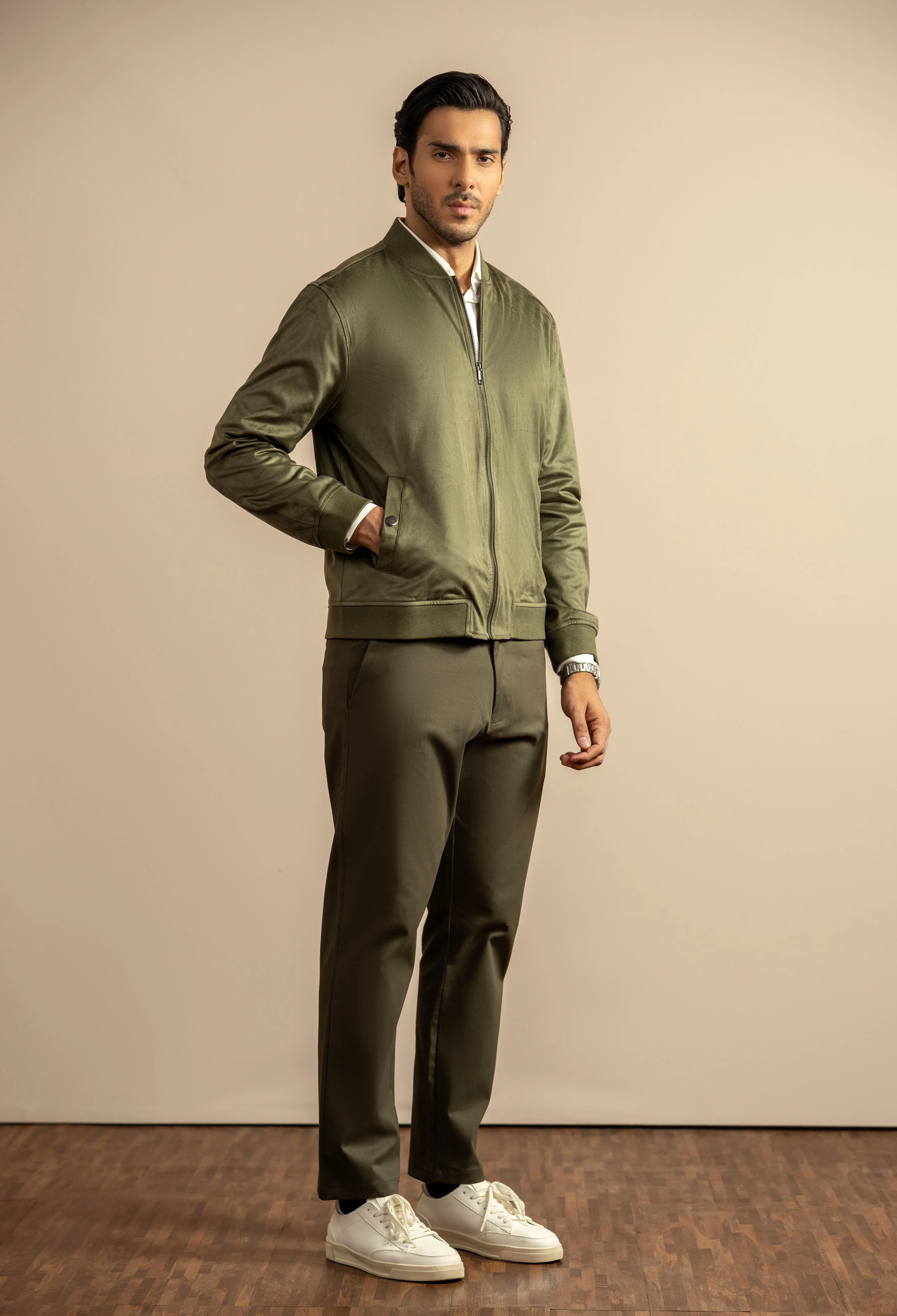 Olive Green Suede Bomber Jacket - Image 5