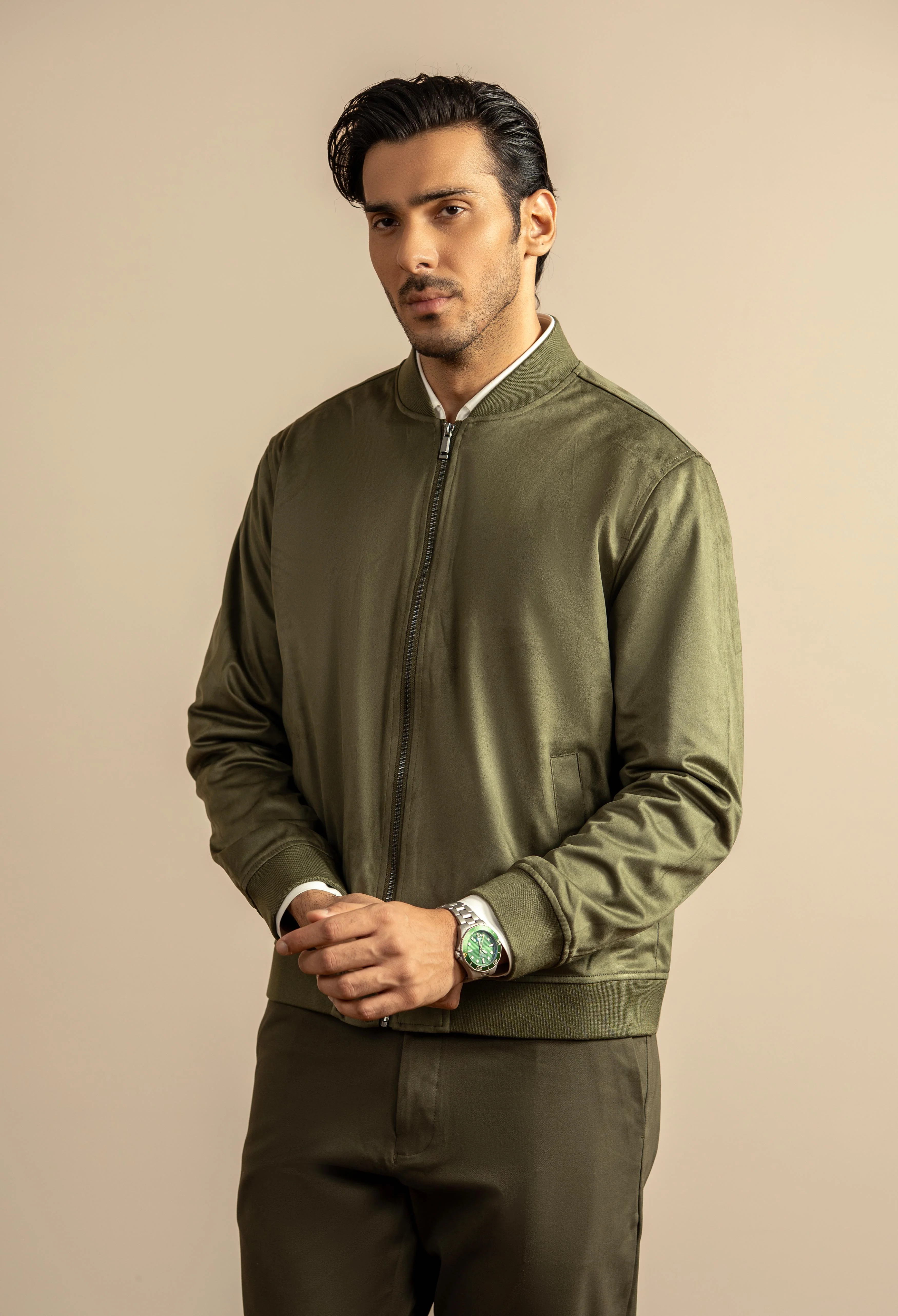 Olive Green Suede Bomber Jacket - Image 6