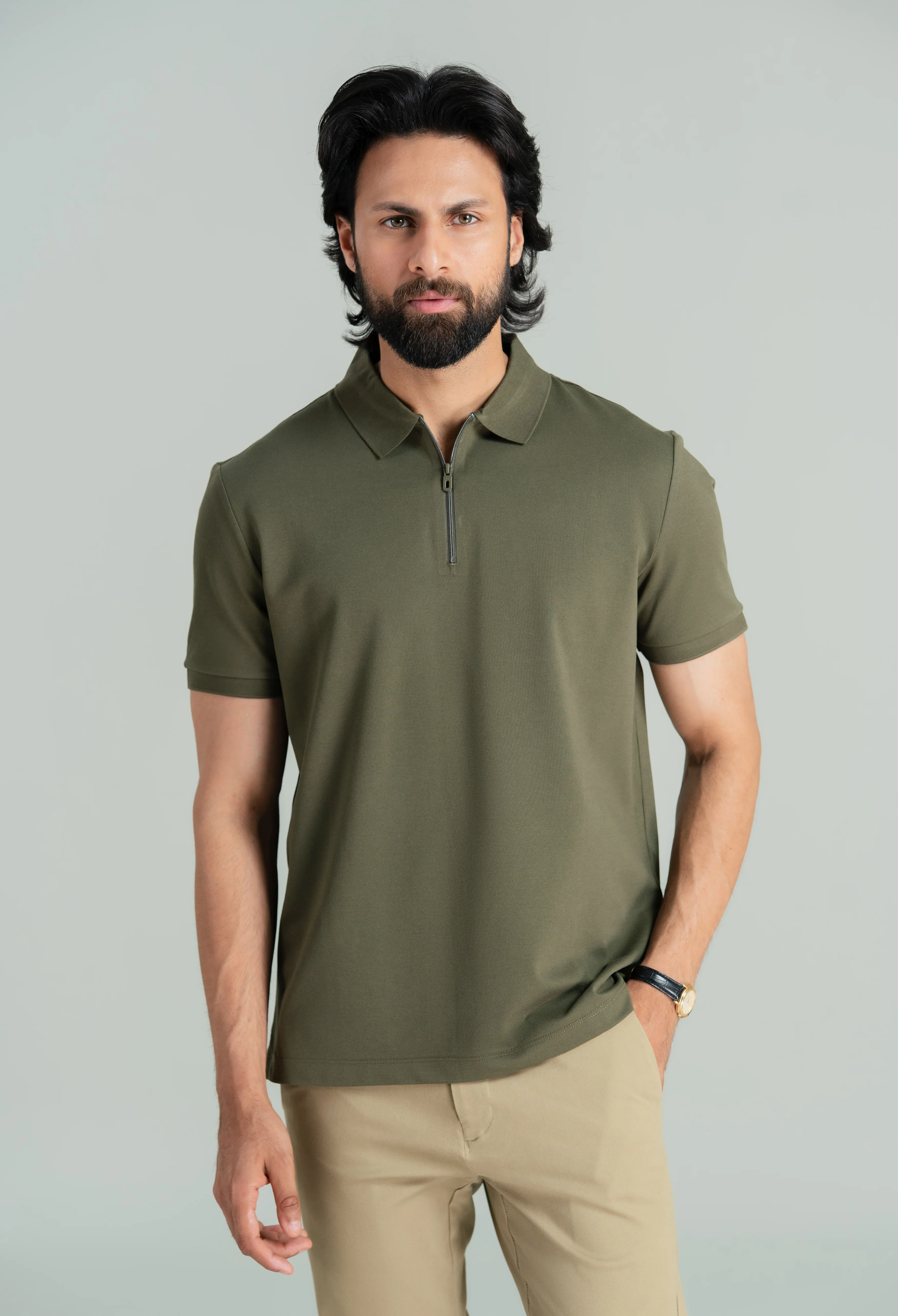 Olive Green Zip Styled Polo - Image 6