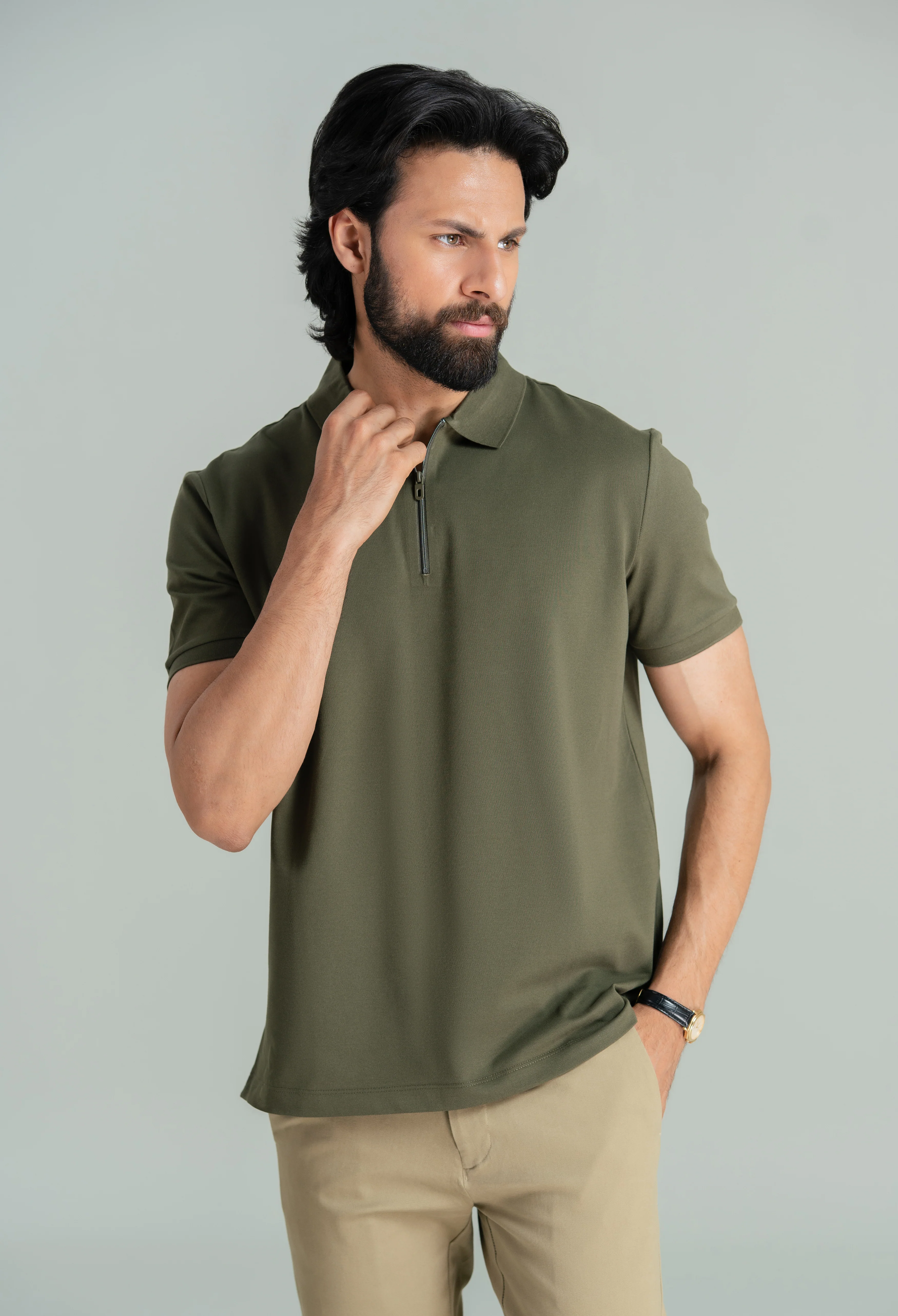 Olive Green Zip Styled Polo - Image 7