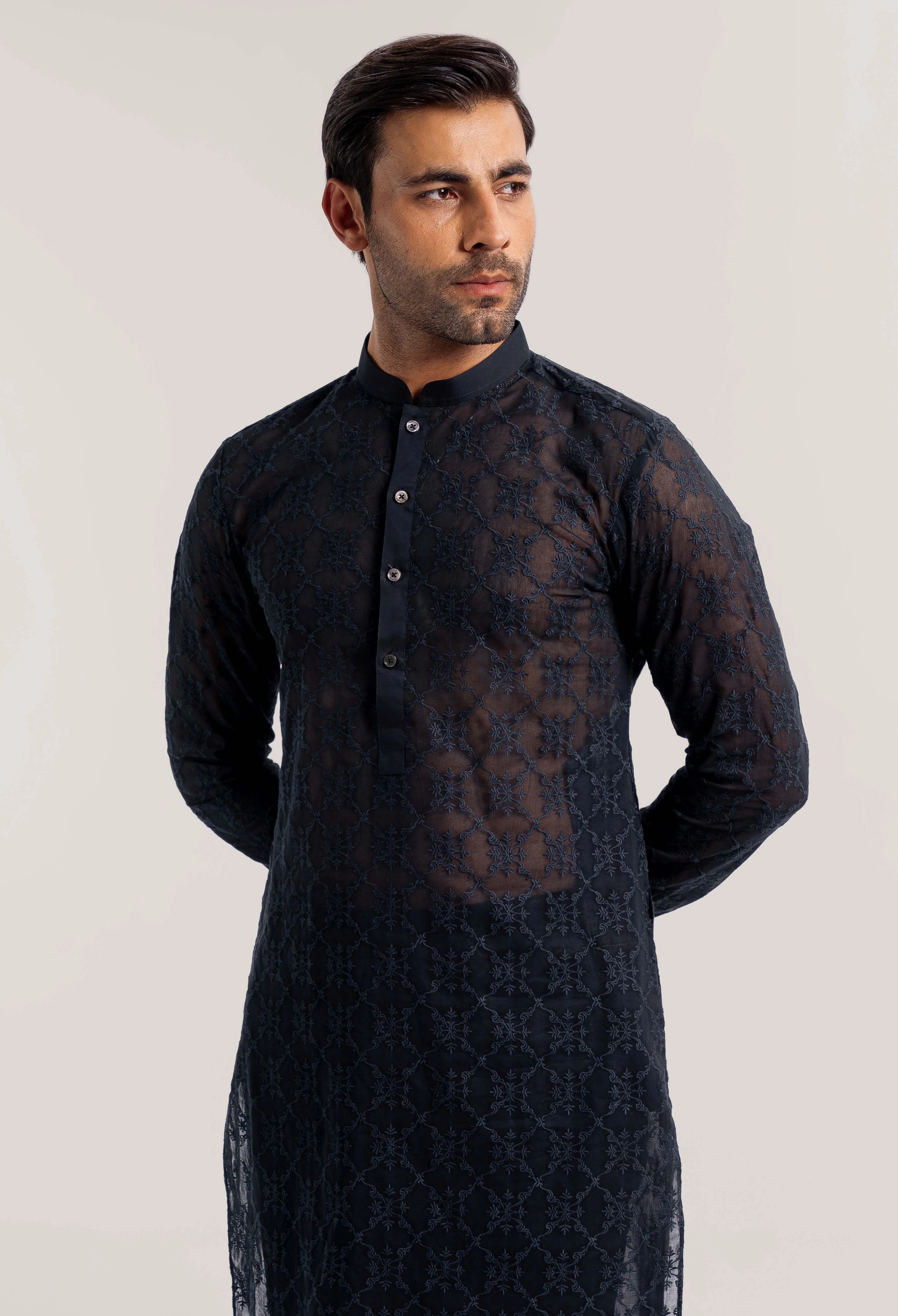 Onyx Black - Floral Bear Schiffli Kurta Pajama