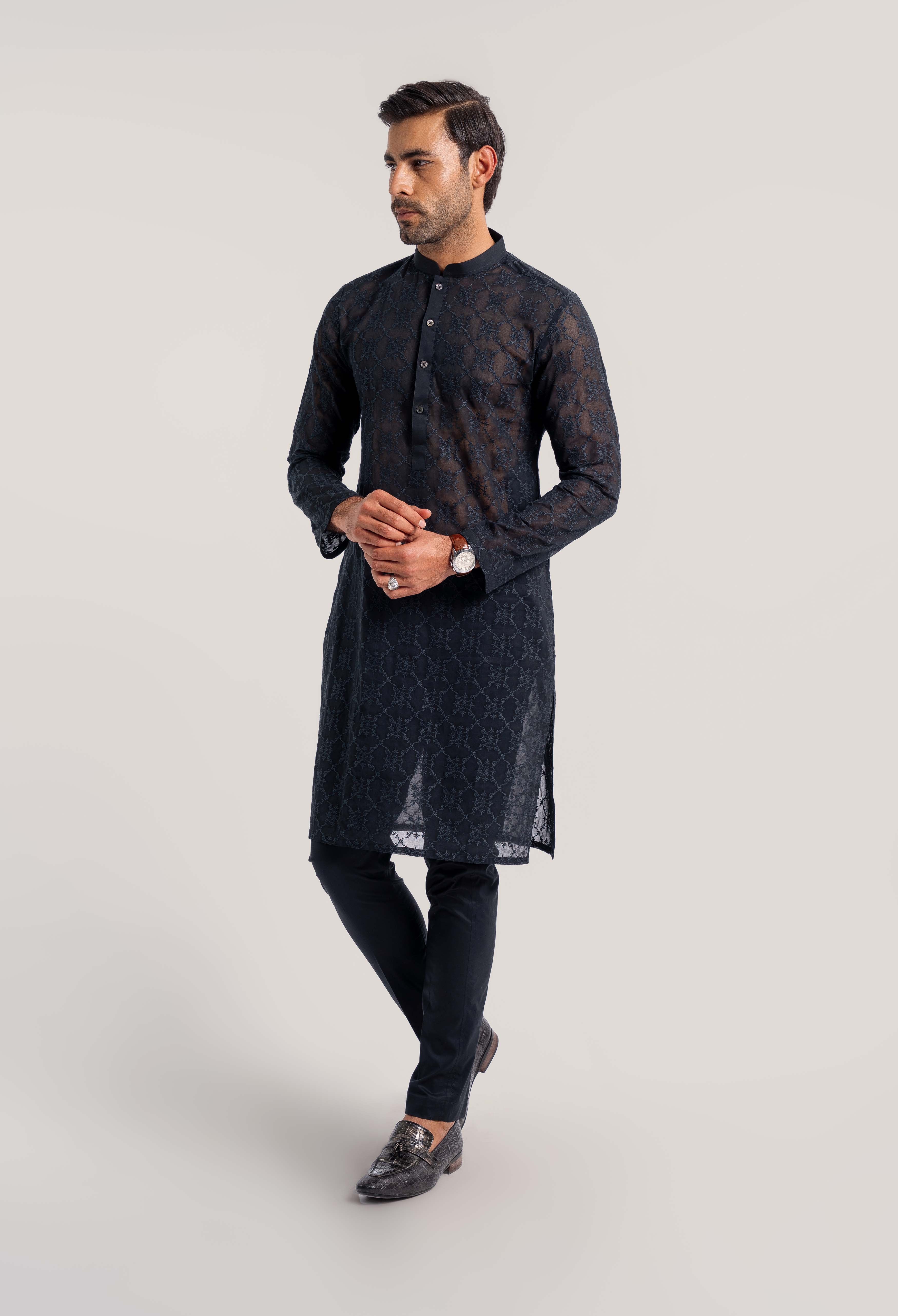 Onyx Black - Floral Bear Schiffli Kurta Pajama - Image 2