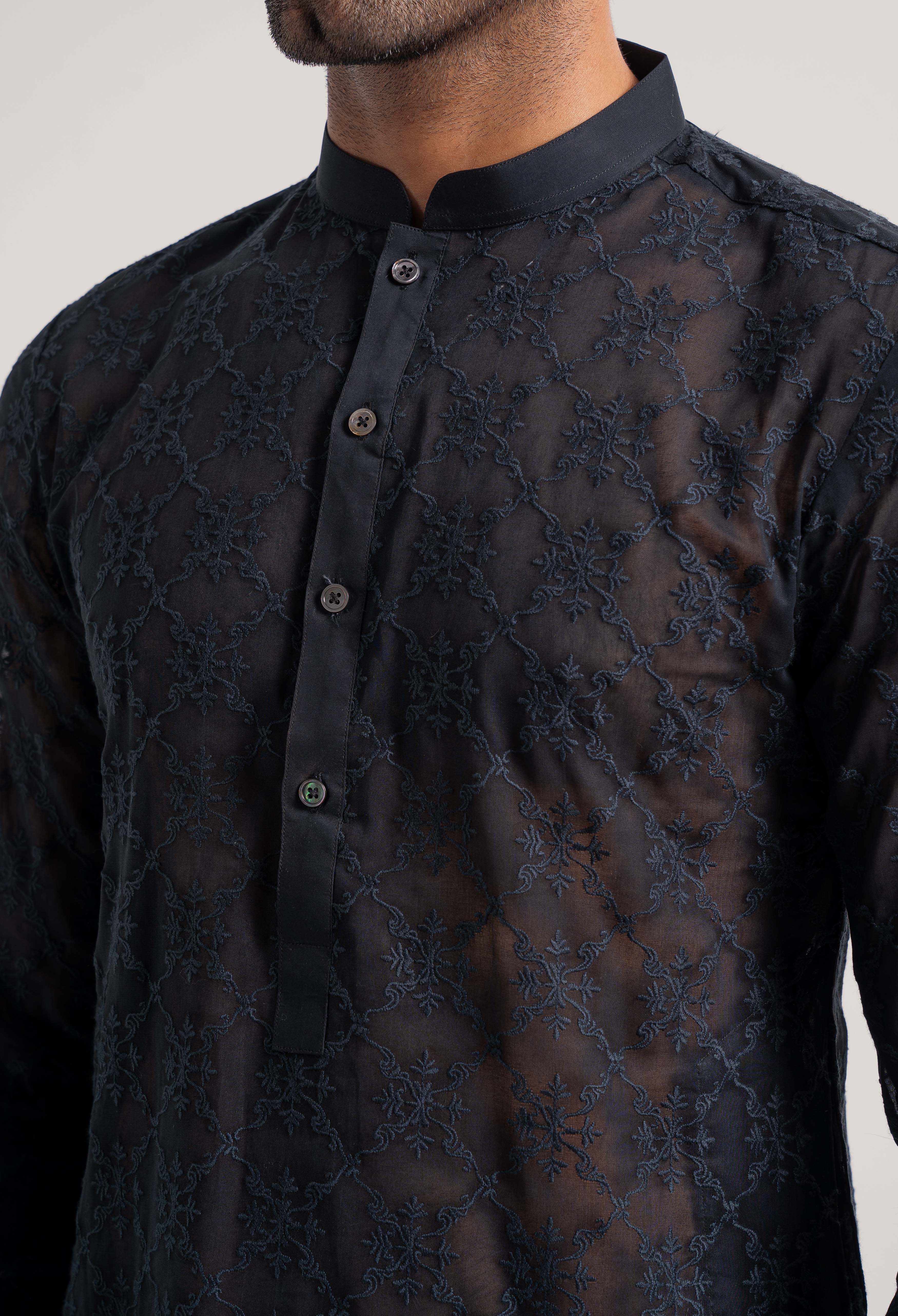 Onyx Black - Floral Bear Schiffli Kurta Pajama - Image 3
