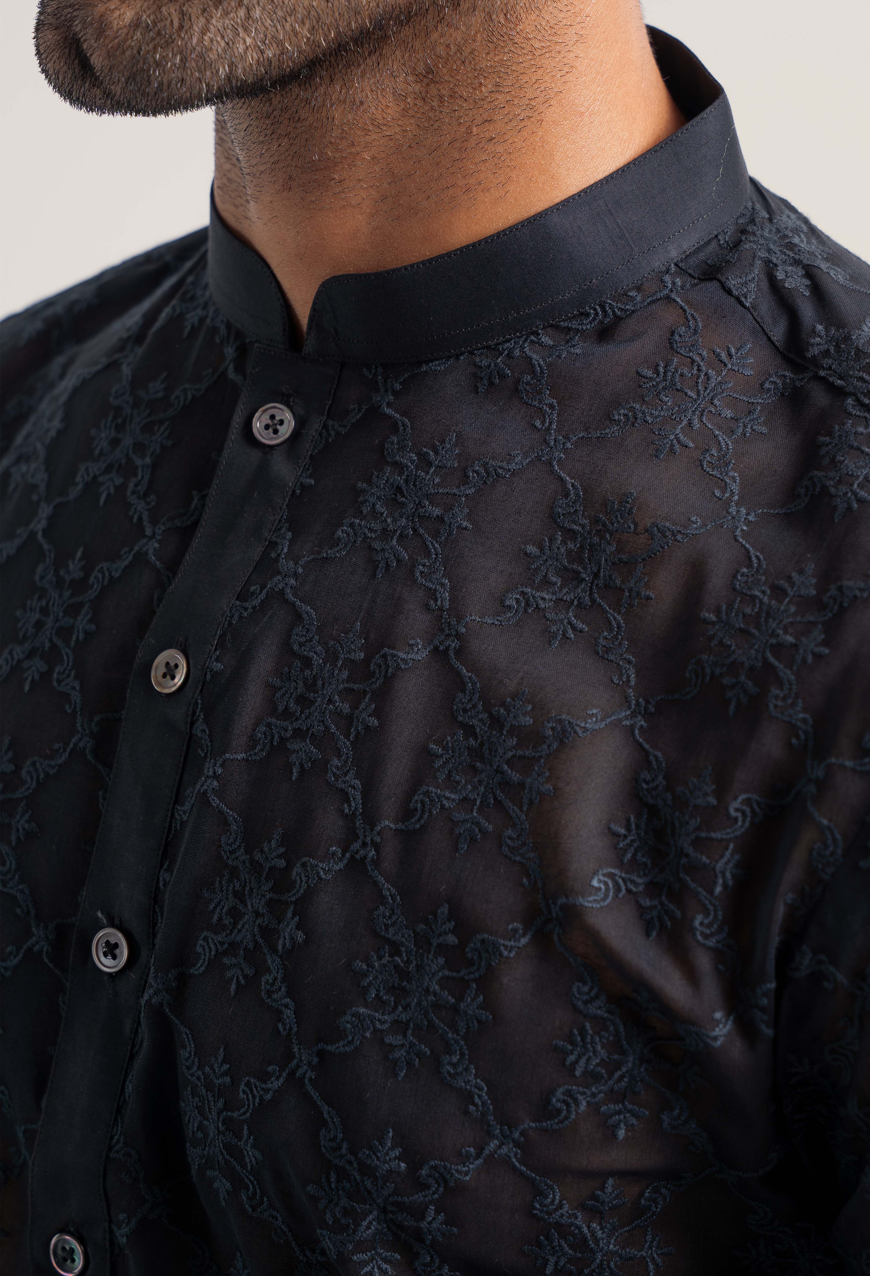 Onyx Black - Floral Bear Schiffli Kurta Pajama - Image 4