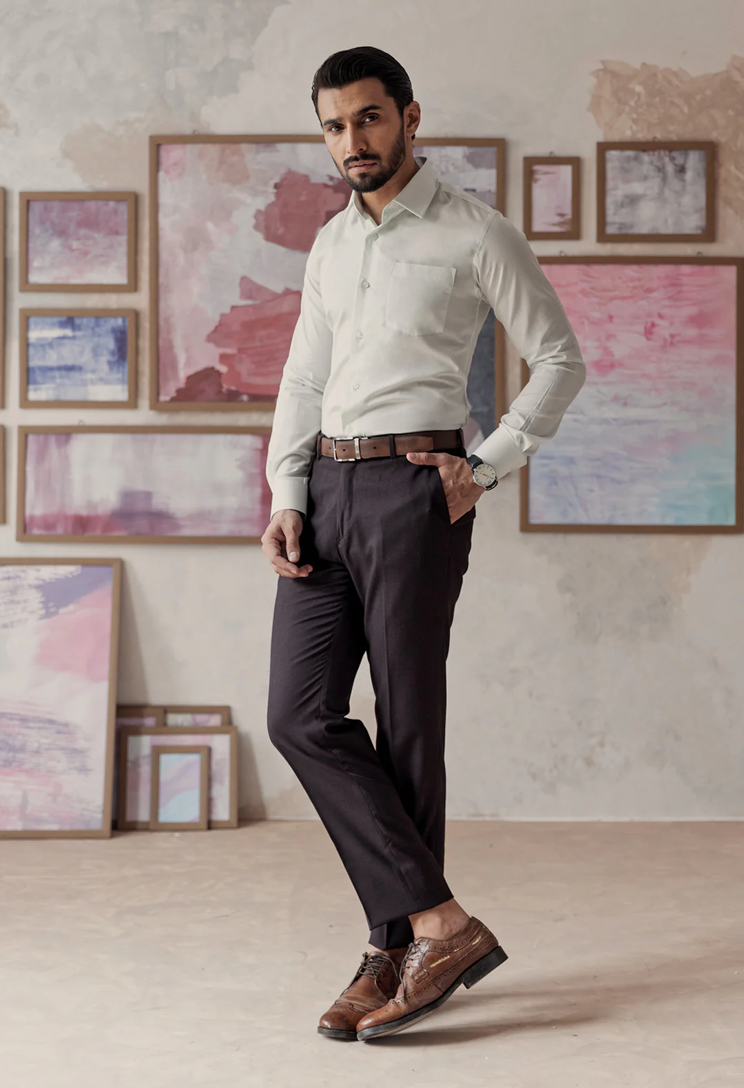 Pastel Green Plain Formal Shirt - Image 2