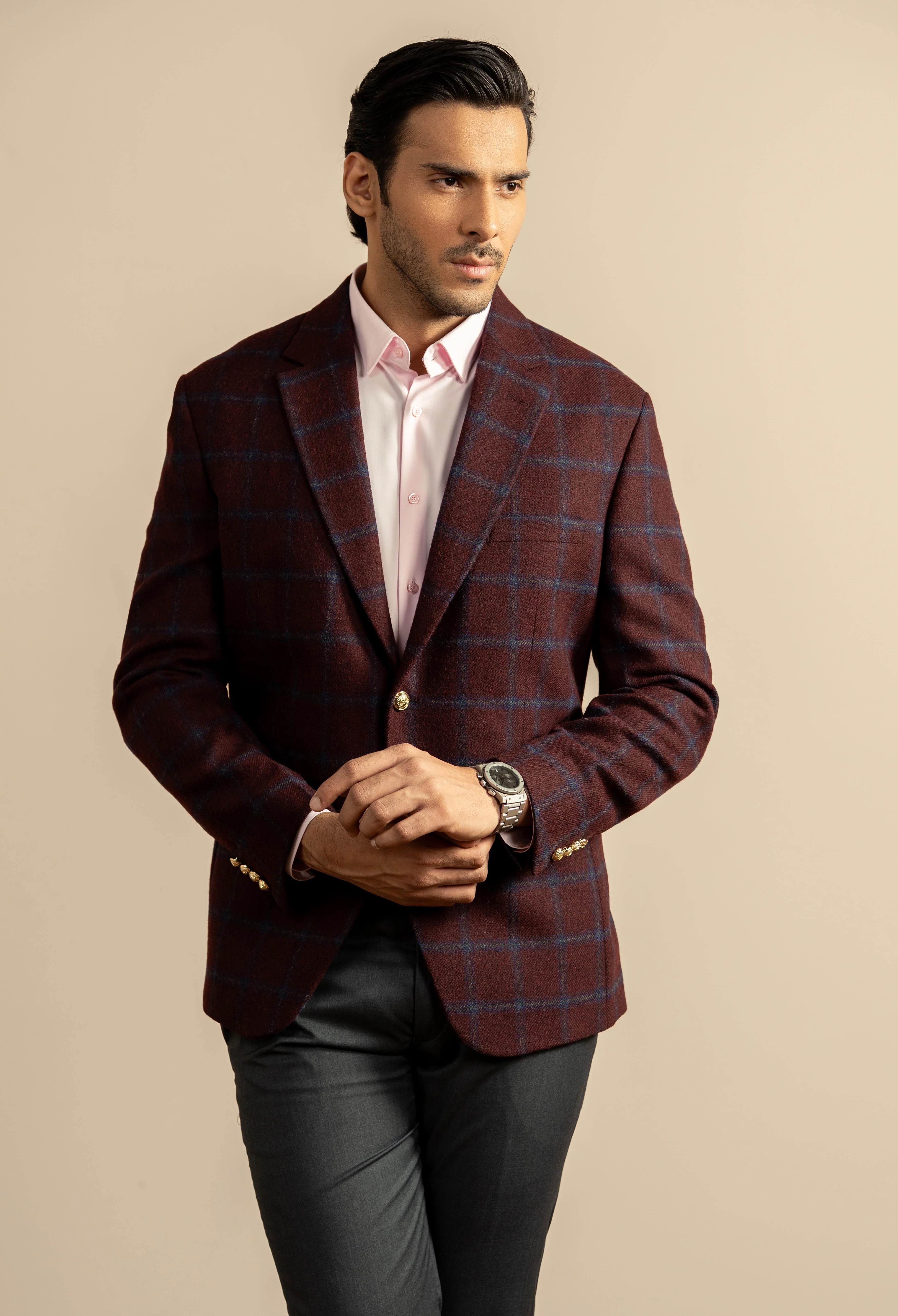 Pastel Maroon Check Tweed Blazer - Image 4