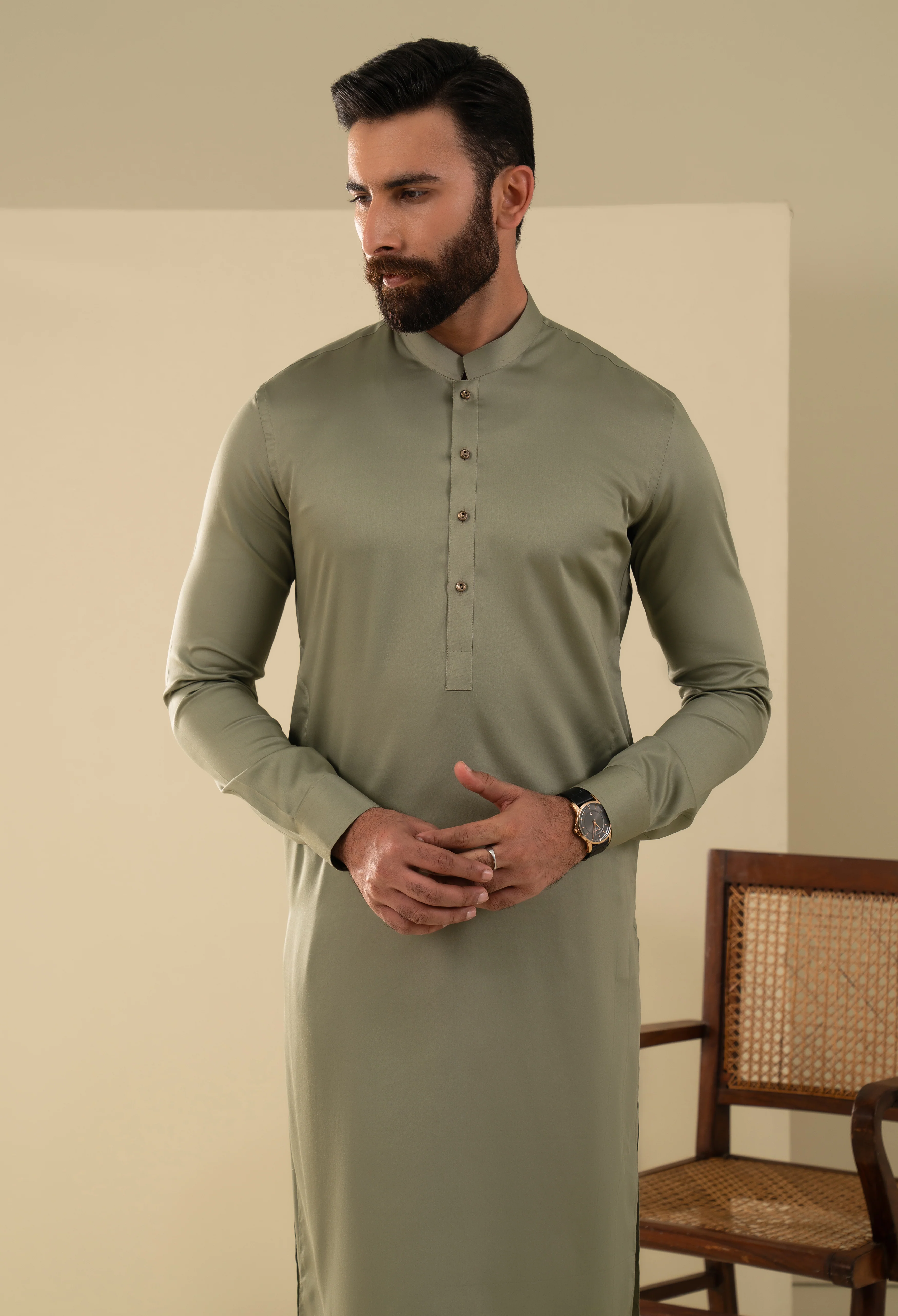 Pastel Olive Plain Cotton Kameez Shalwar - Image 4