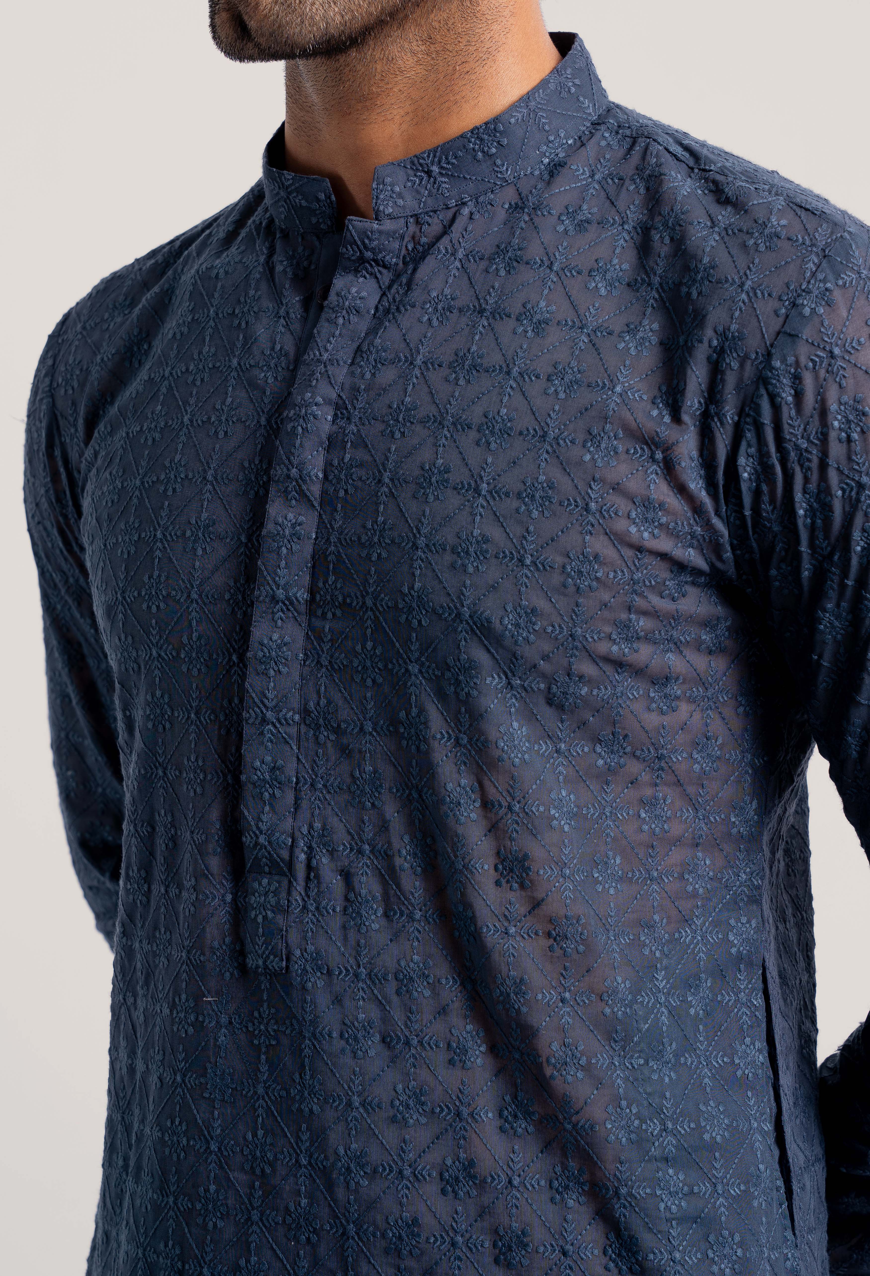 Prussian Blue - Daisy Bloom Schiffli Kurta Pajama (GPS-000118) - Image 3