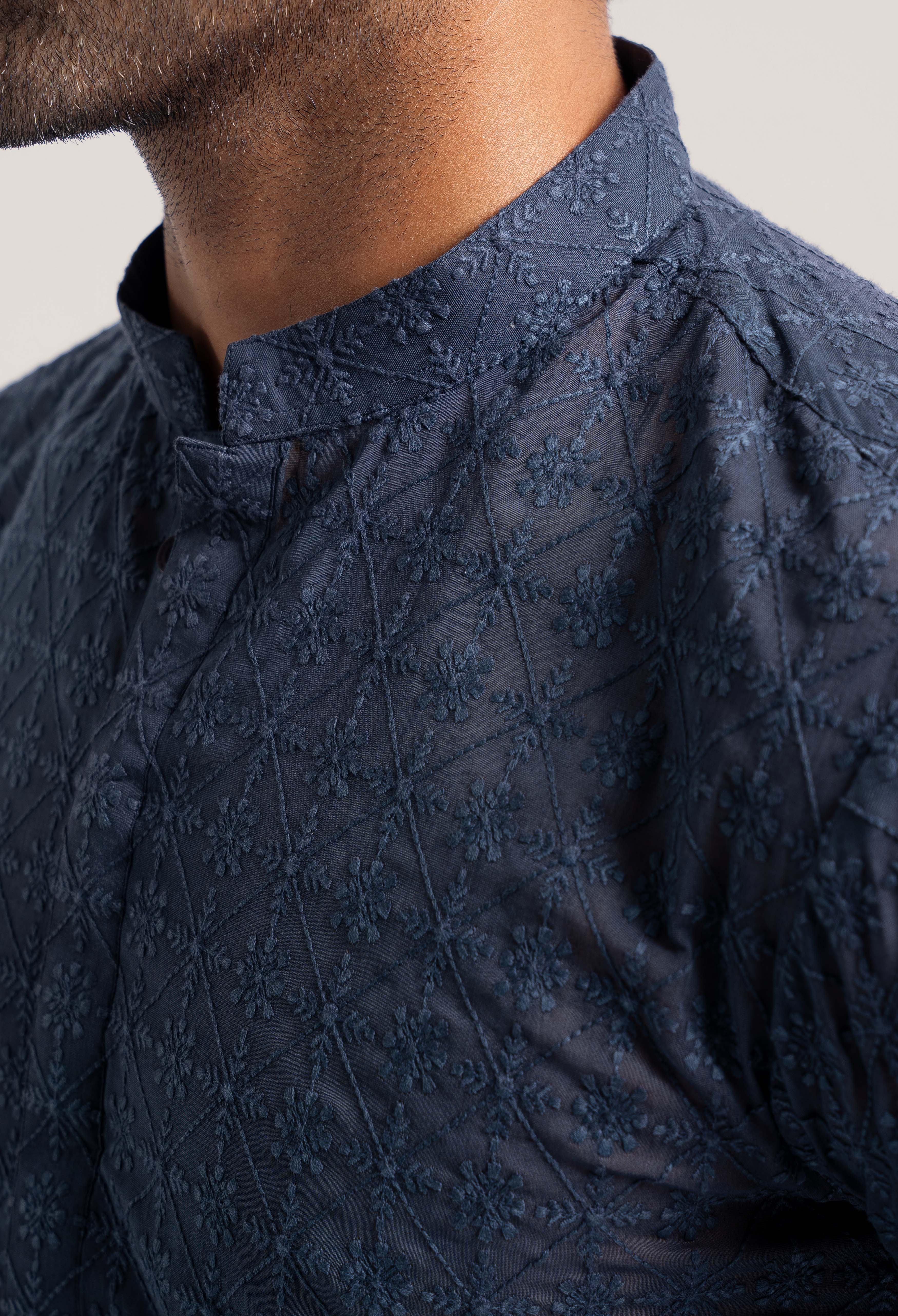 Prussian Blue - Daisy Bloom Schiffli Kurta Pajama (GPS-000118) - Image 4