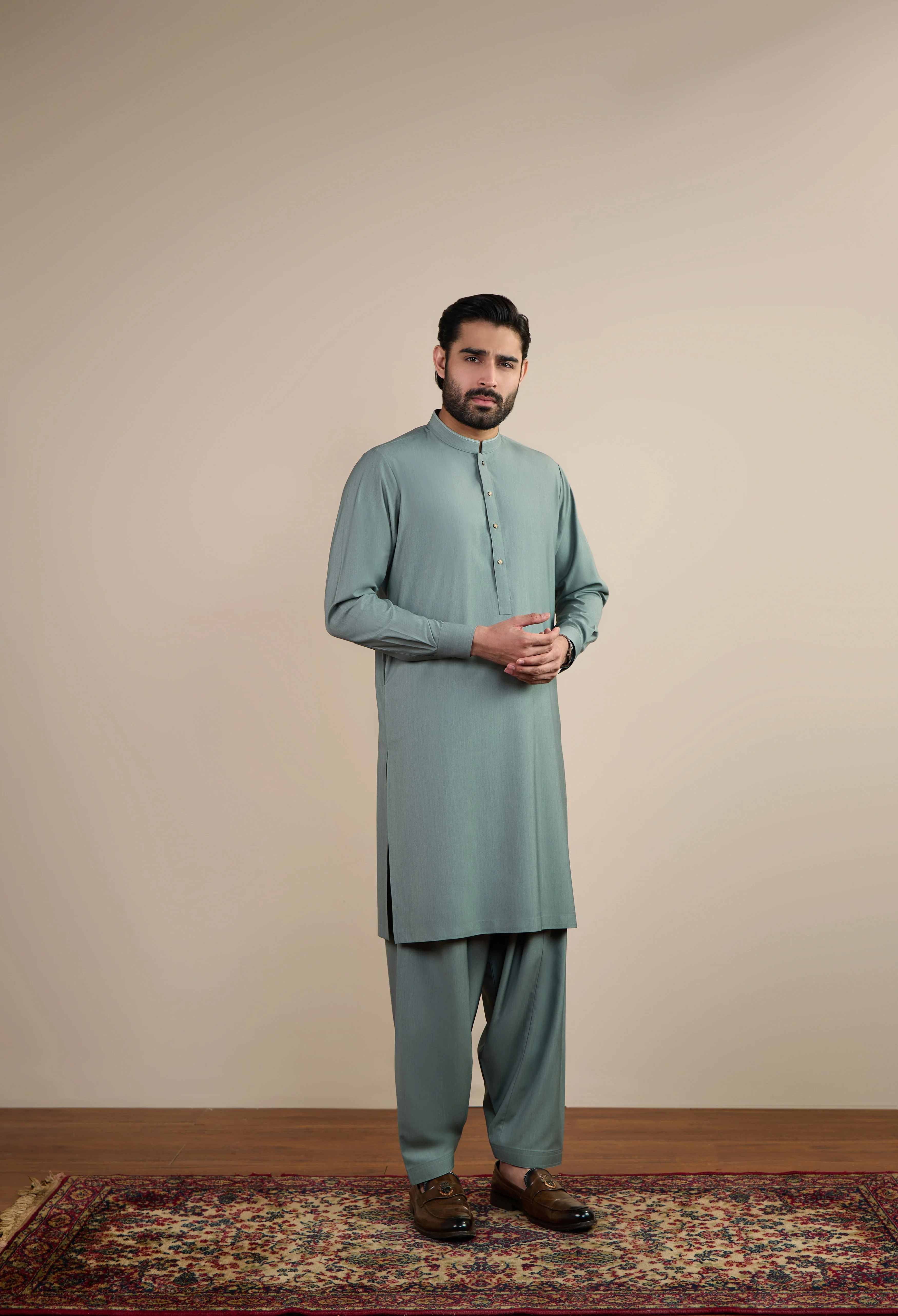 Sage Green Blended Kameez Shalwar - Image 2
