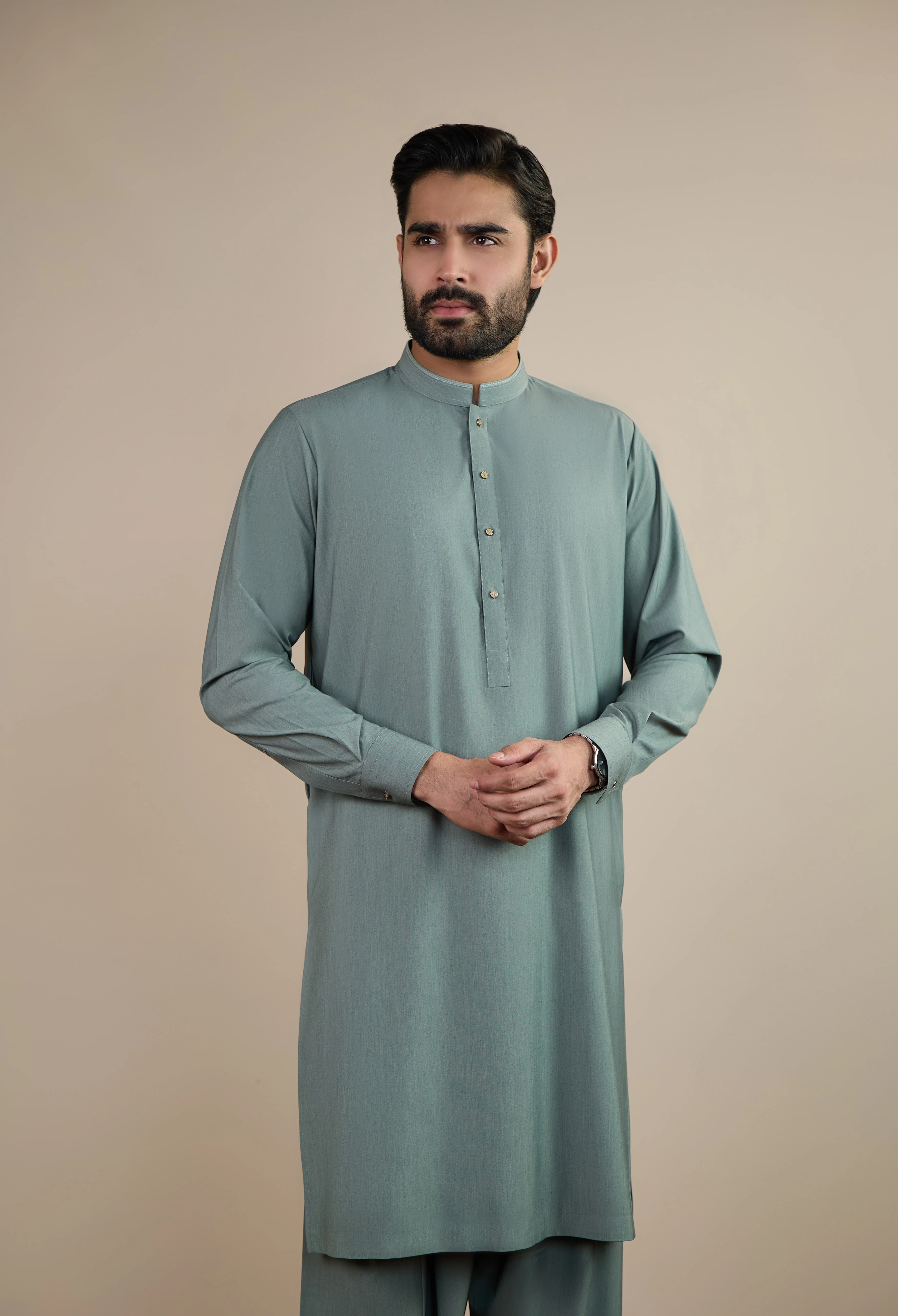 Sage Green Blended Kameez Shalwar - Image 4