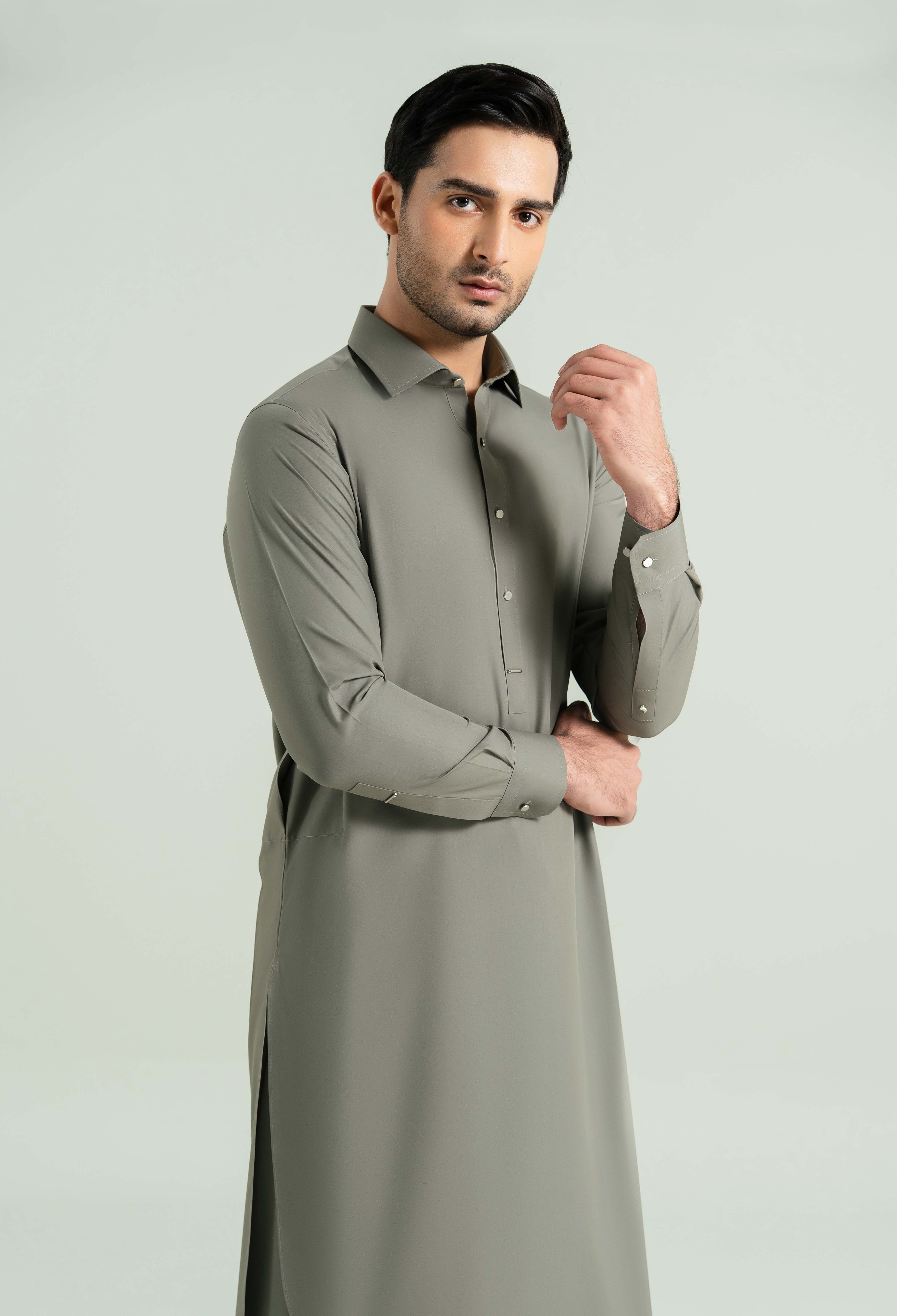 Sand Grey Detailing Kameez Shalwar - Image 5