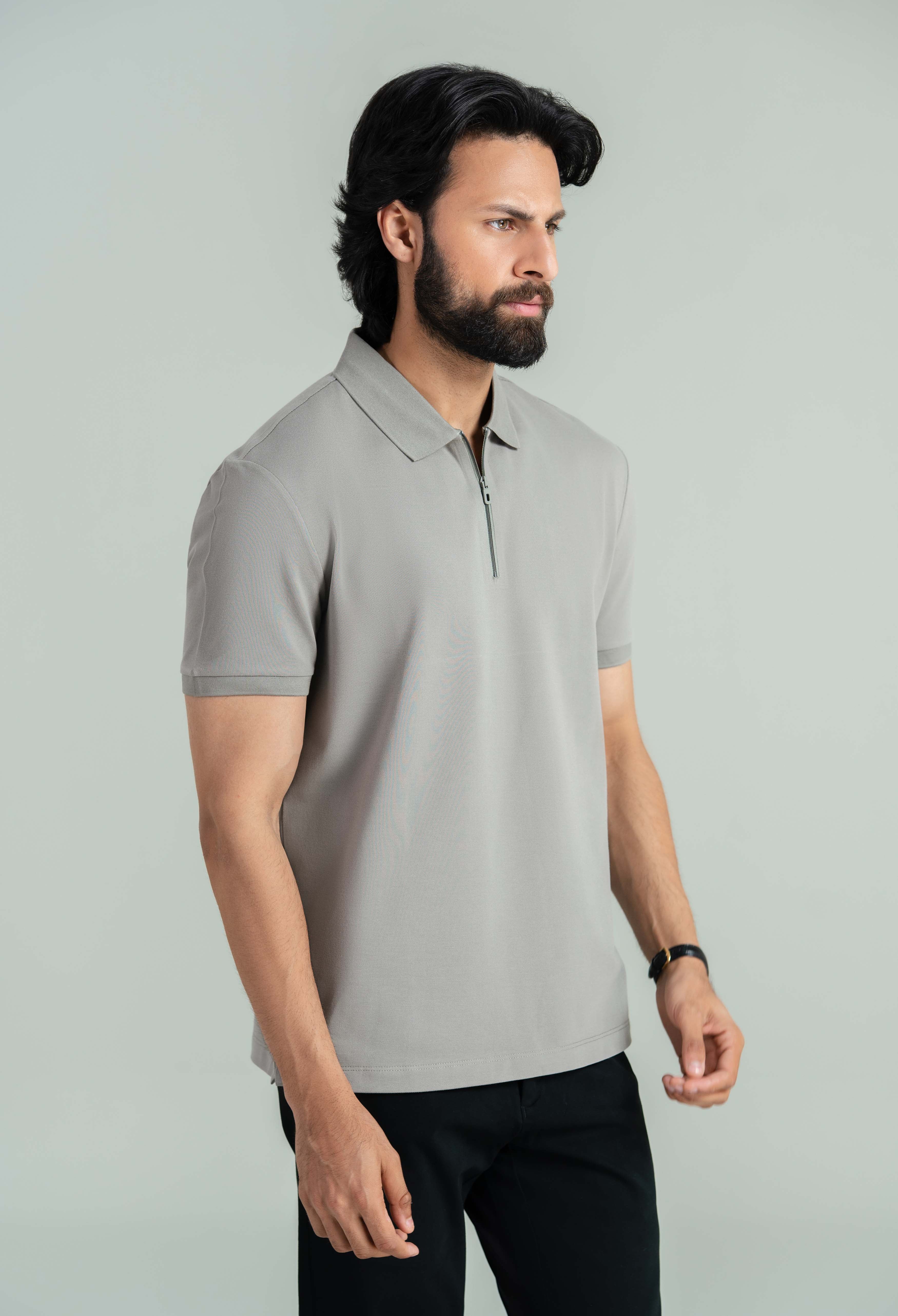 Sand Grey Zip Styled Polo - Image 4