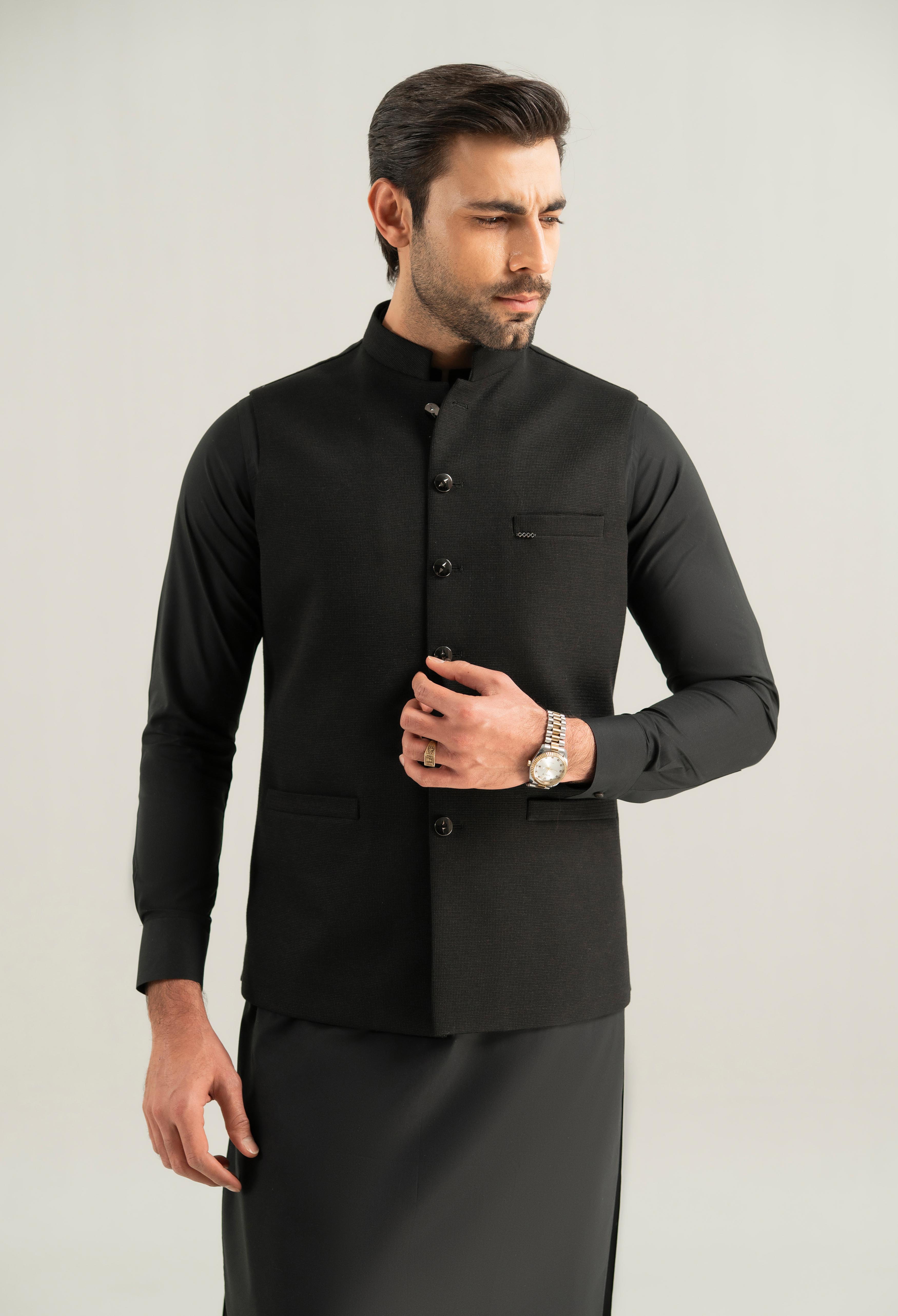 Satan Black Waffle Knit Waistcoat - Image 3