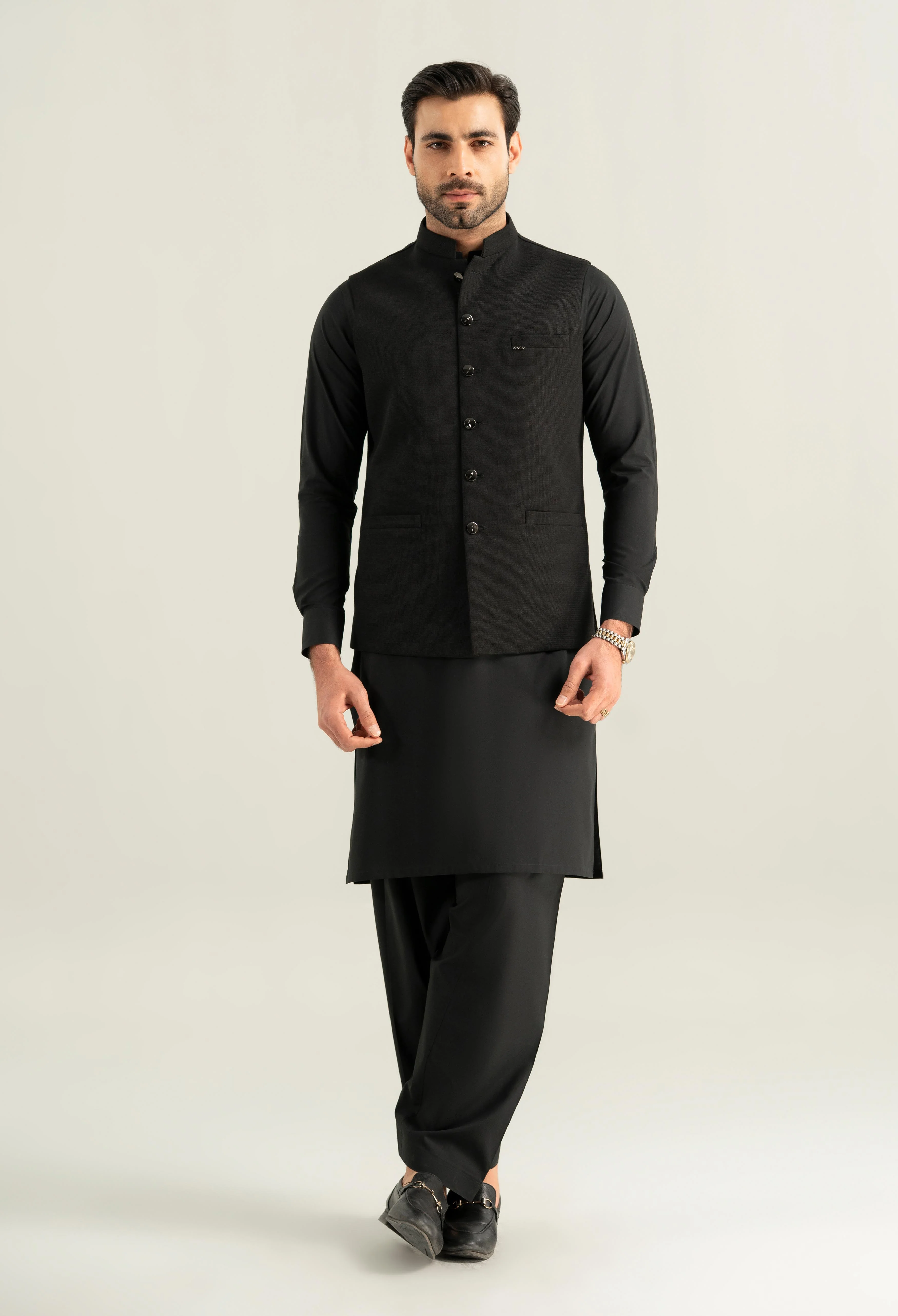 Satan Black Waffle Knit Waistcoat - Image 4