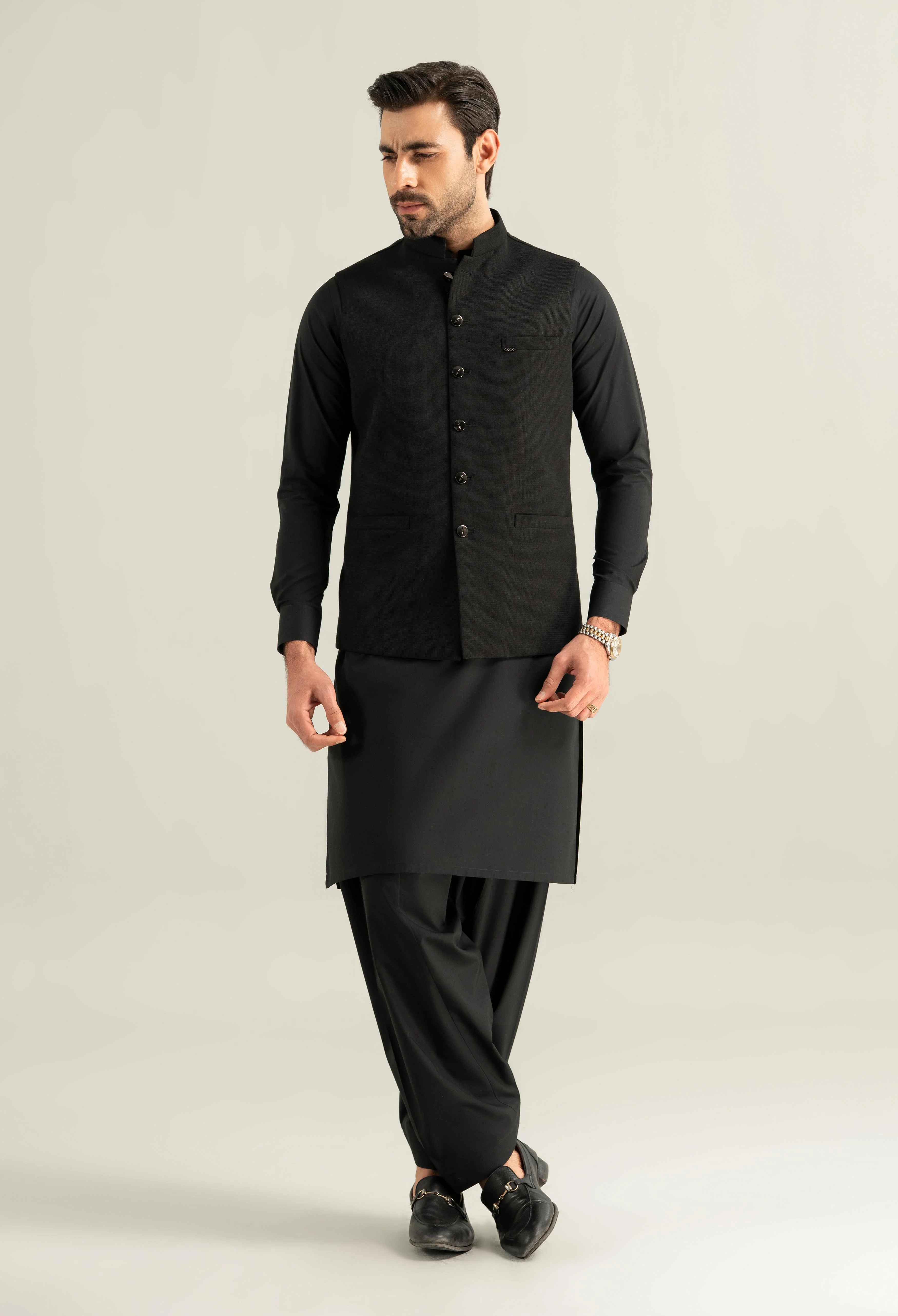 Satan Black Waffle Knit Waistcoat - Image 5