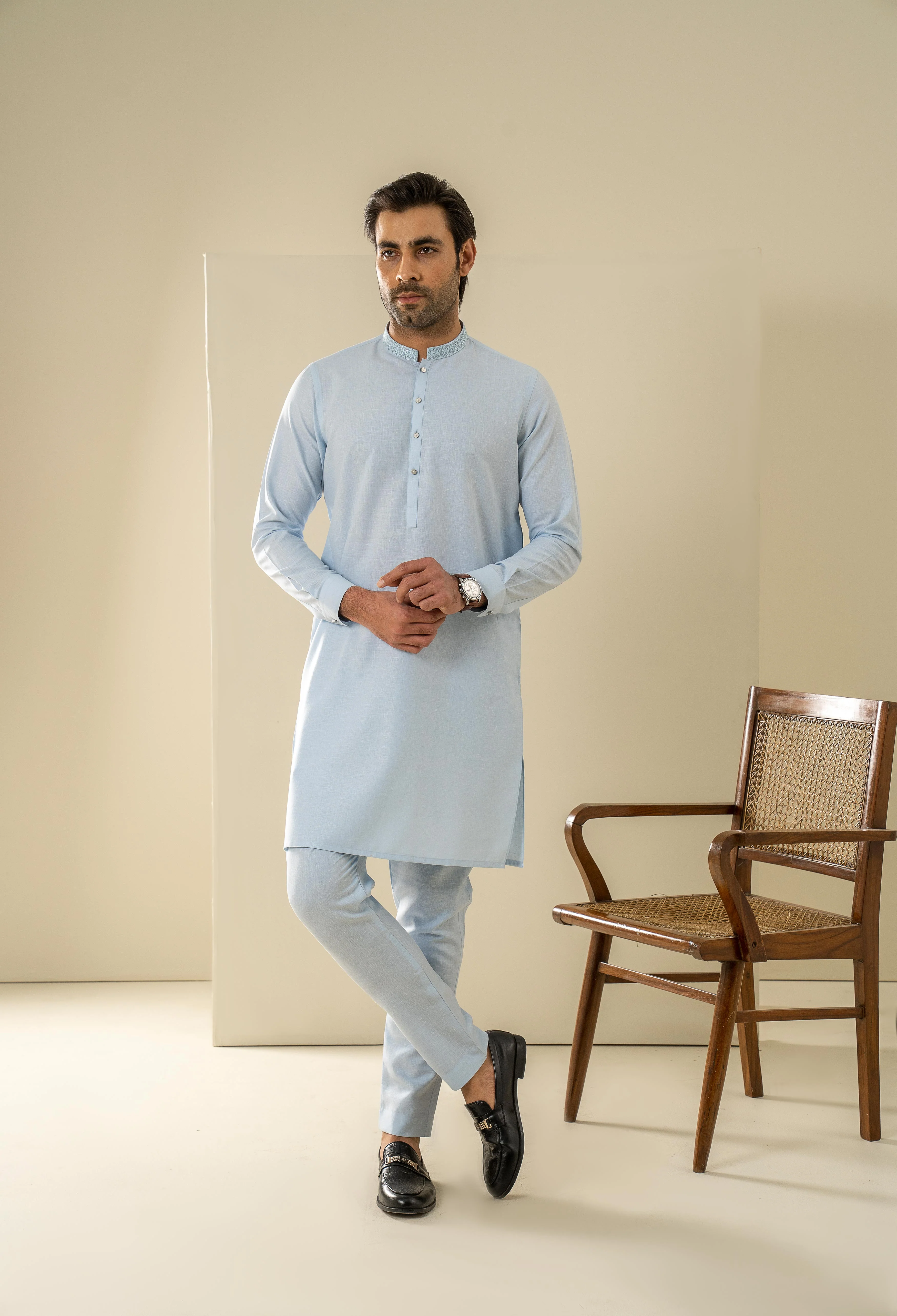 Sky Blue Embroidered Kurta Pajama - Image 4