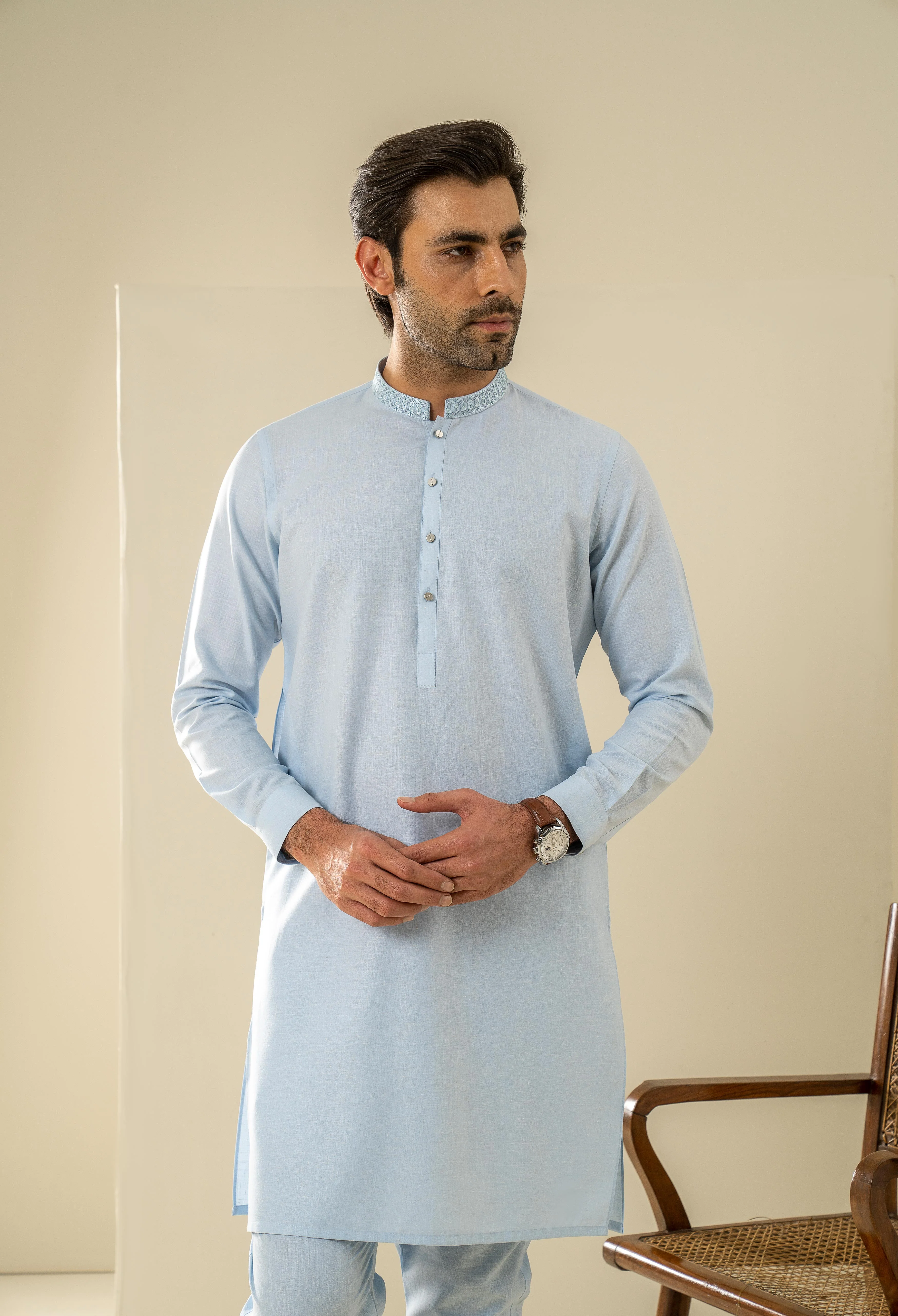 Sky Blue Embroidered Kurta Pajama - Image 5