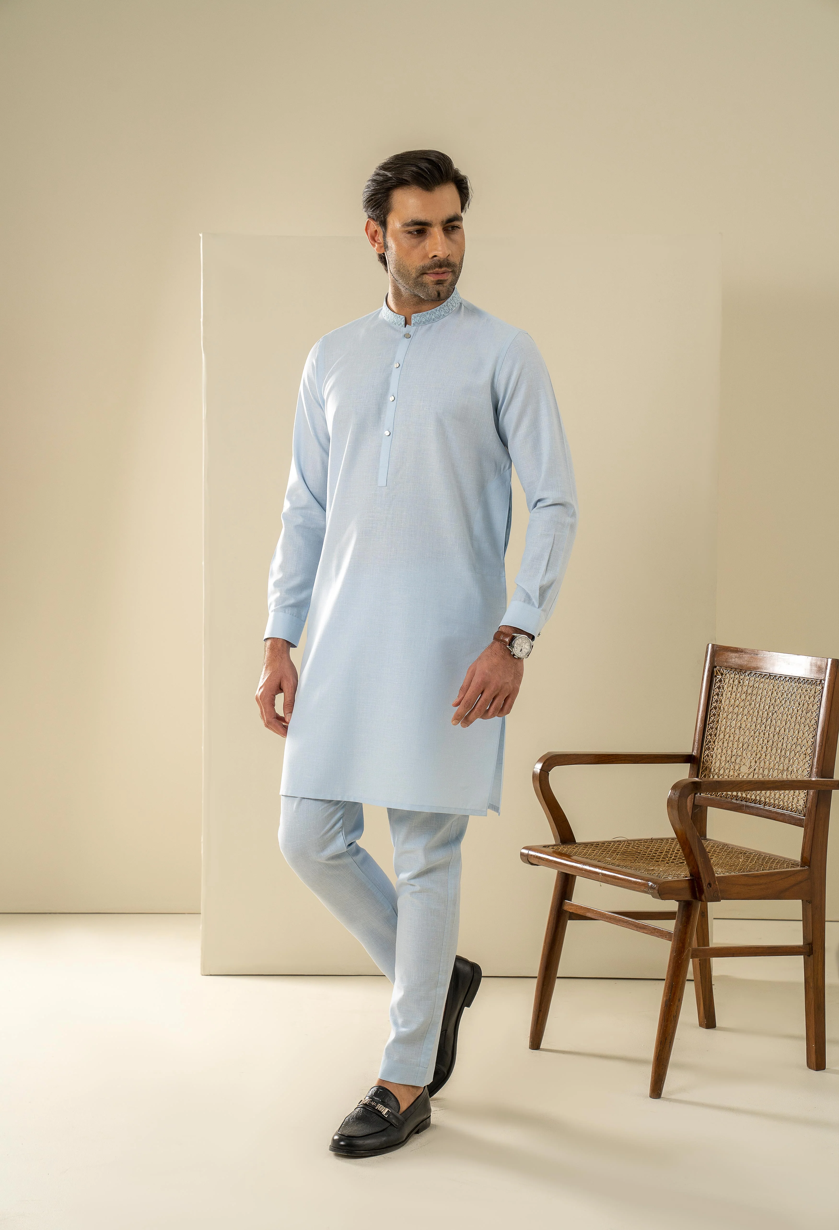 Sky Blue Embroidered Kurta Pajama - Image 6